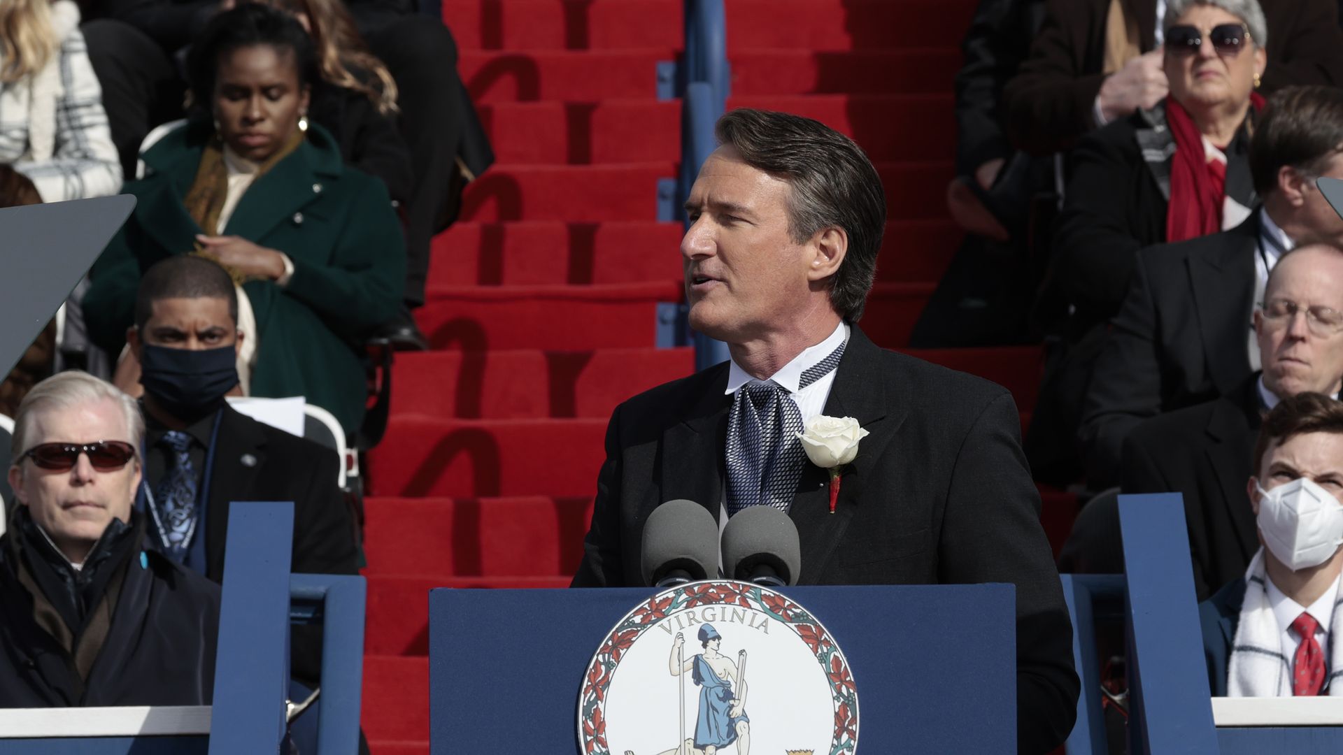 Virginia Governor Glenn Youngkin gives the inaugural address after being sworn in as the 74th governor of Virginia on the steps of the State Capitol on January 15, 2022 