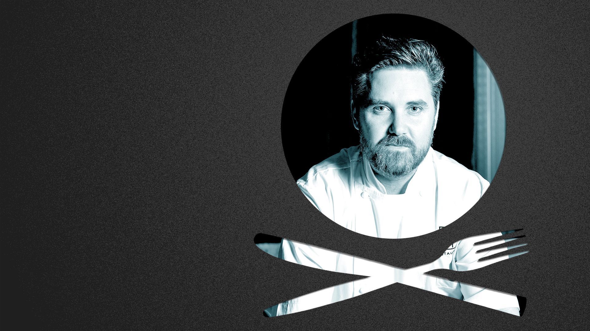 Photo illustration of a place setting shaped like a skull and crossbones containing a photo of Chef John Fraser.