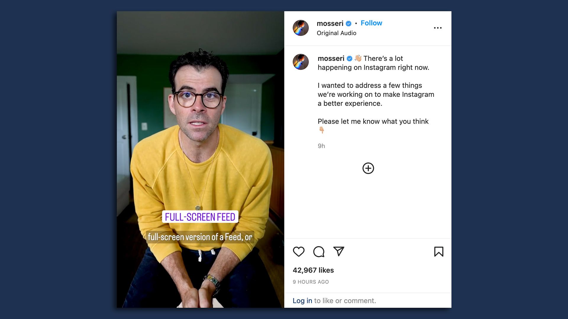 a screencap of Instagram CEO Adam Mosseri's post explaining changes happening on the social media platform.