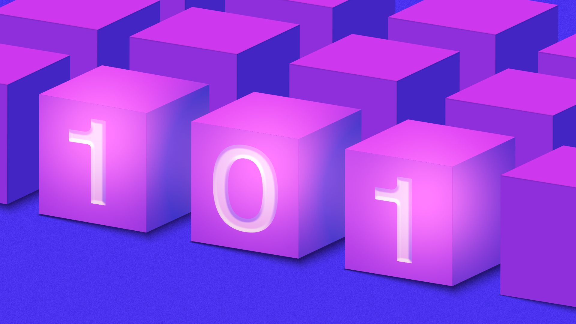 Illustration of block chain blocks with "1", "0", "1" on the front blocks. 