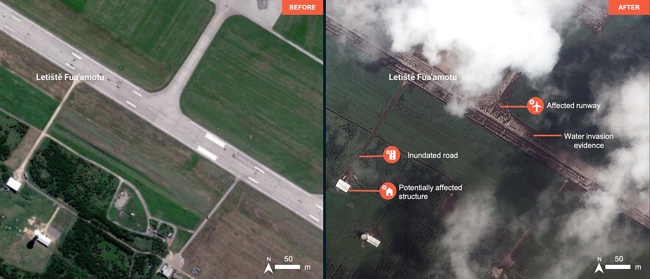 Satellite images taken before and after Tonga's volcanic eruption at the city's main airport