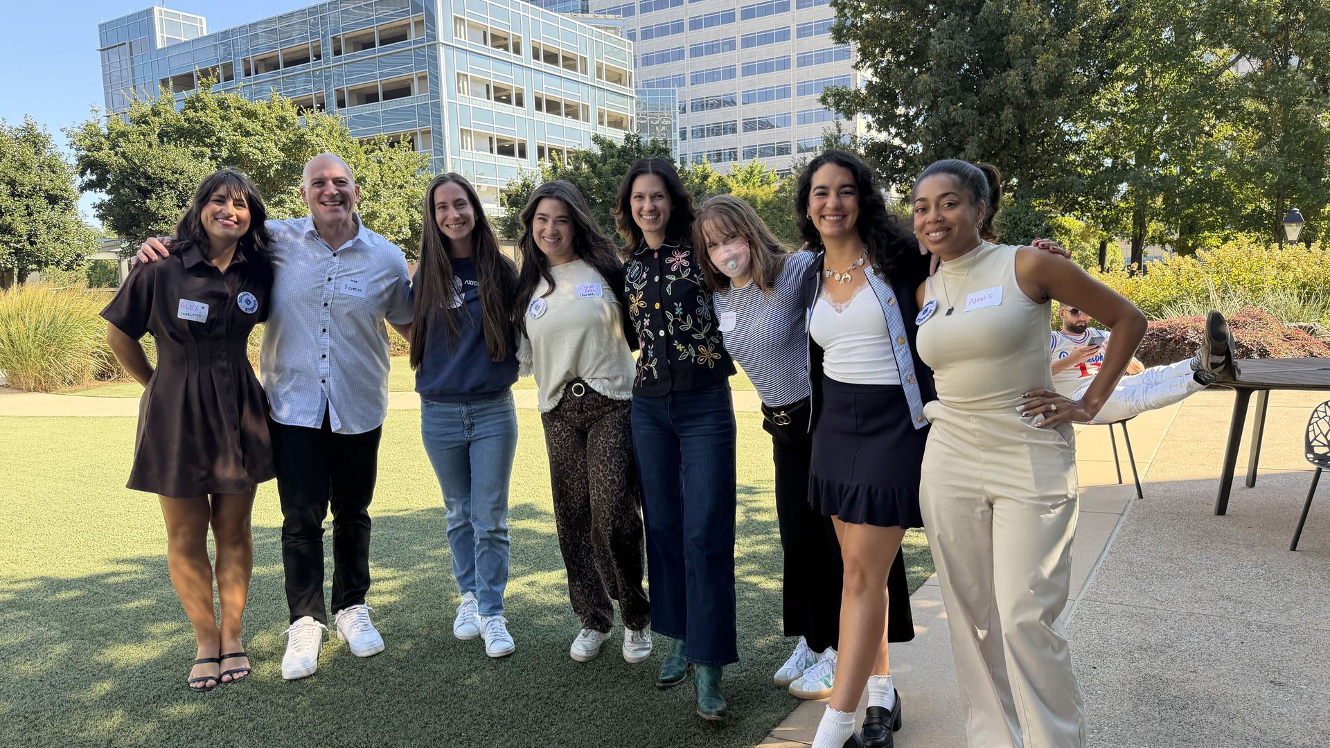 From left: Alexandria Sands, Mike Mike Szvetitz, Ashley Mahoney, McKenzie Rankin, Emma Way, Mellisa Oyler, Laura Barrero and Alexis Clinton. Photo: Esteban Hernandez/Axios Denver