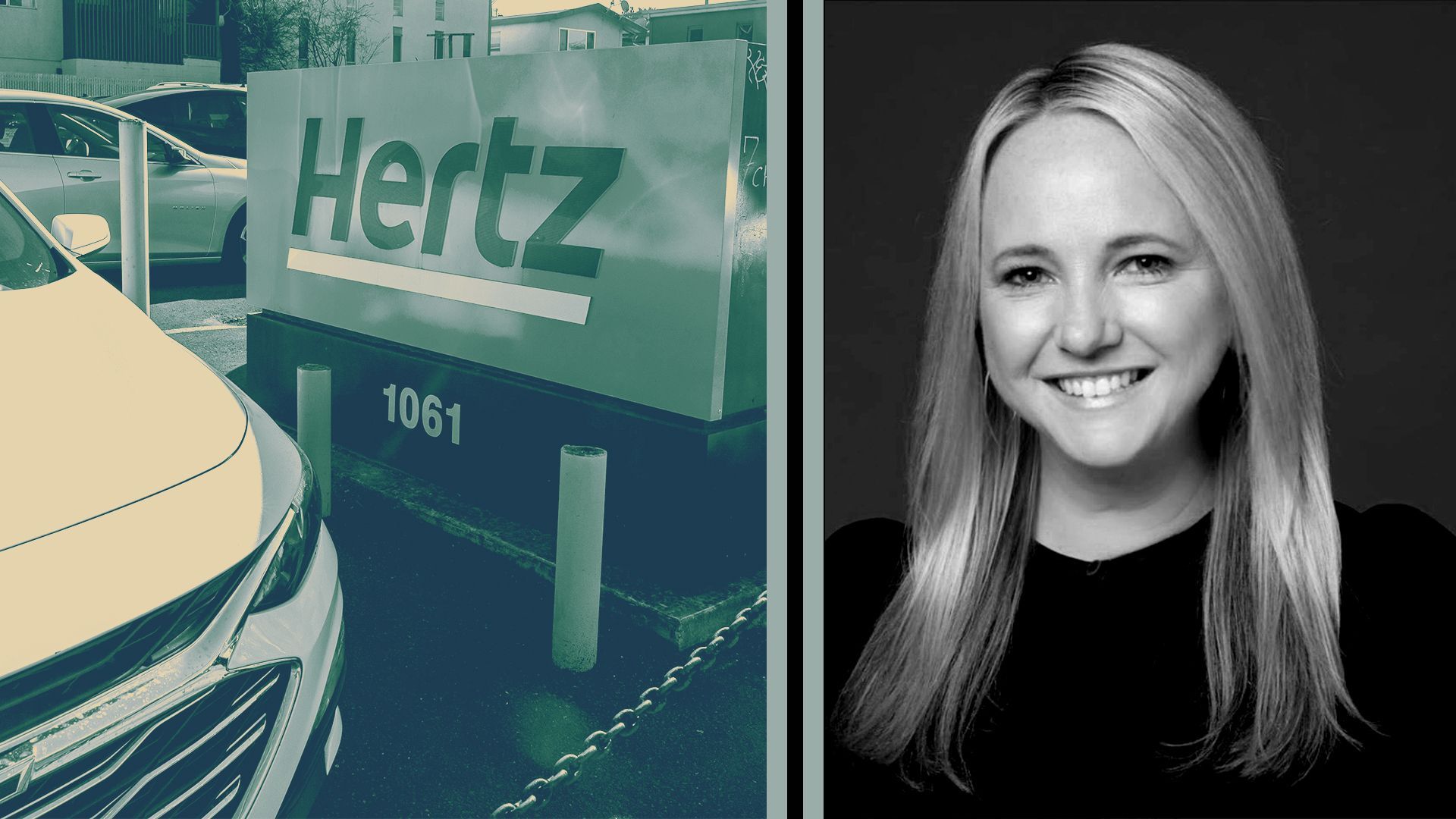 Photo illustration of Lauren Fritts next to a photo of a Hertz lot.