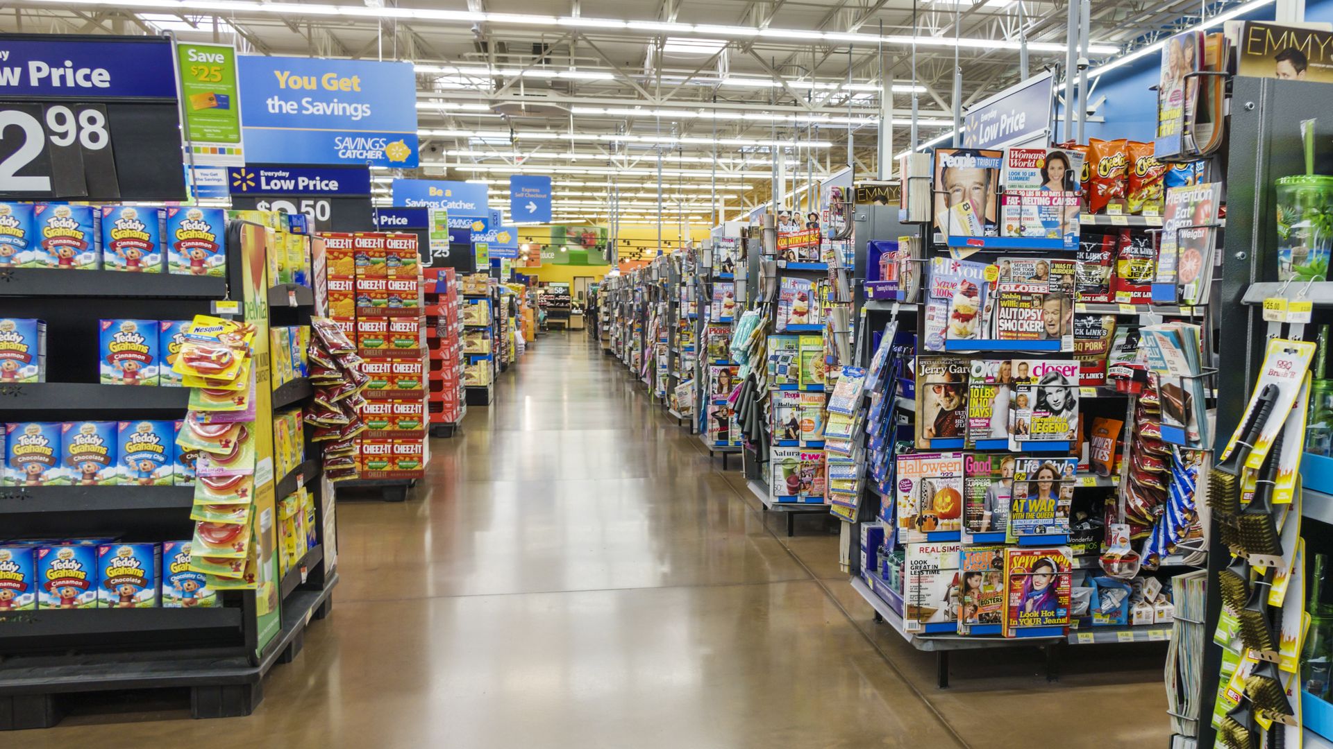 An aisle stocked with colorful snacks