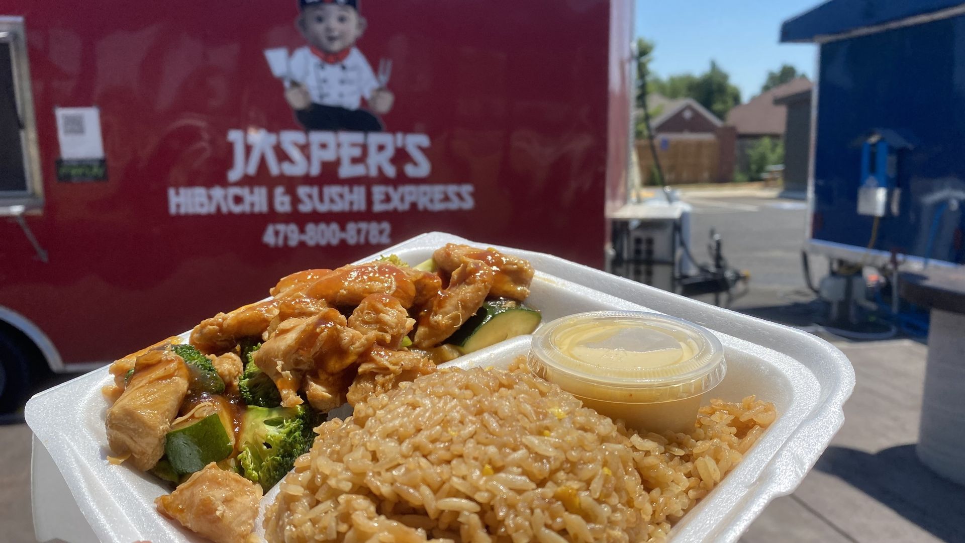 Photo of a container of chicken fried rice. 