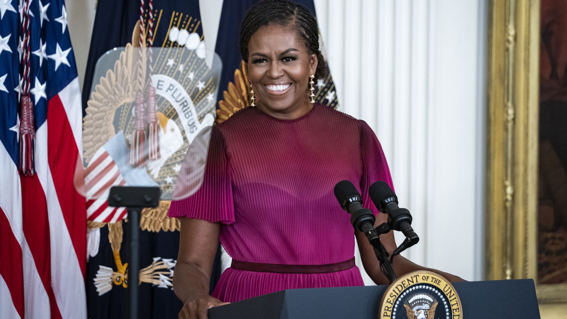 Former US First Lady Michelle Obama speaks during a ceremony for the unveiling of her official White House portrait in Washington, D.C., US, on Wednesday, Sept. 7.