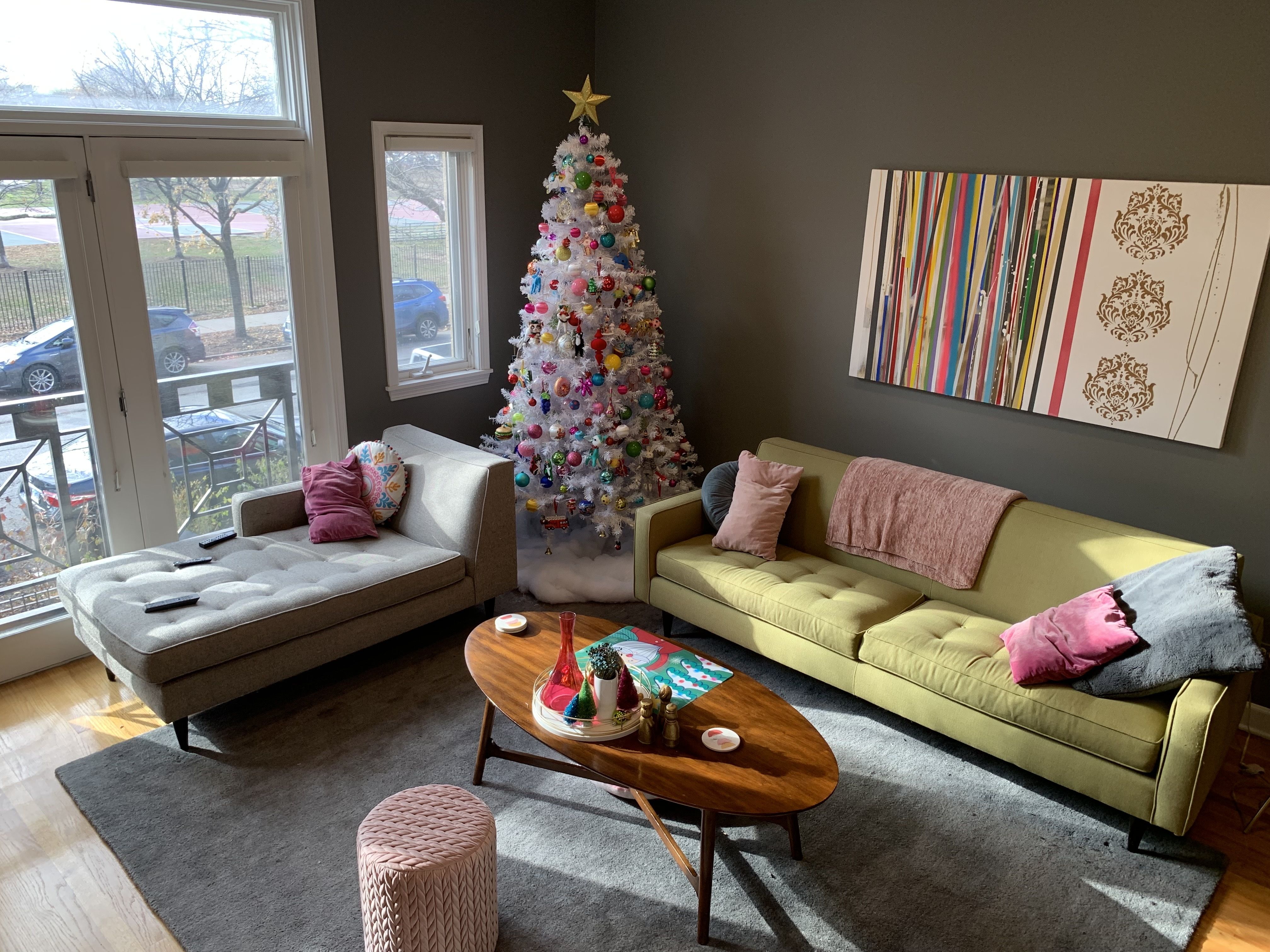Photo of a Christmas tree in a living room.