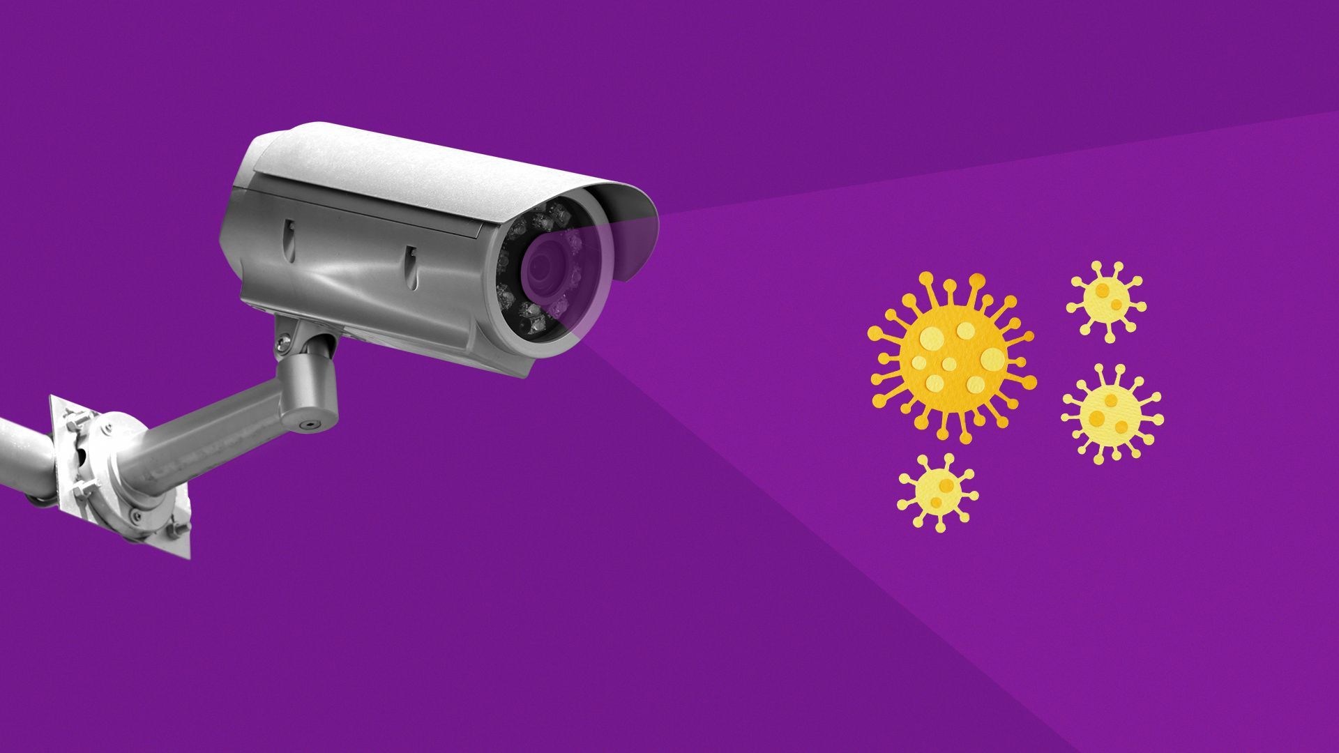 Illustration of a security camera focused on several virus molecules.