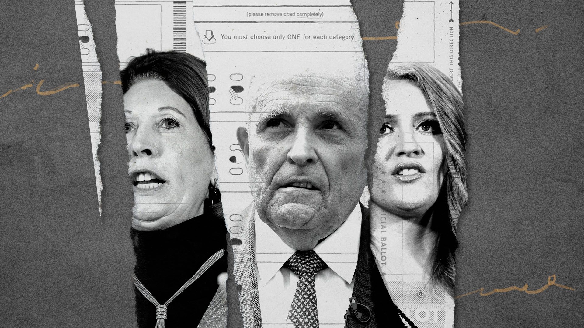 Photo illustration of torn ballots with images of Rudy Giuliani, Sidney Powell and Jenna Ellis