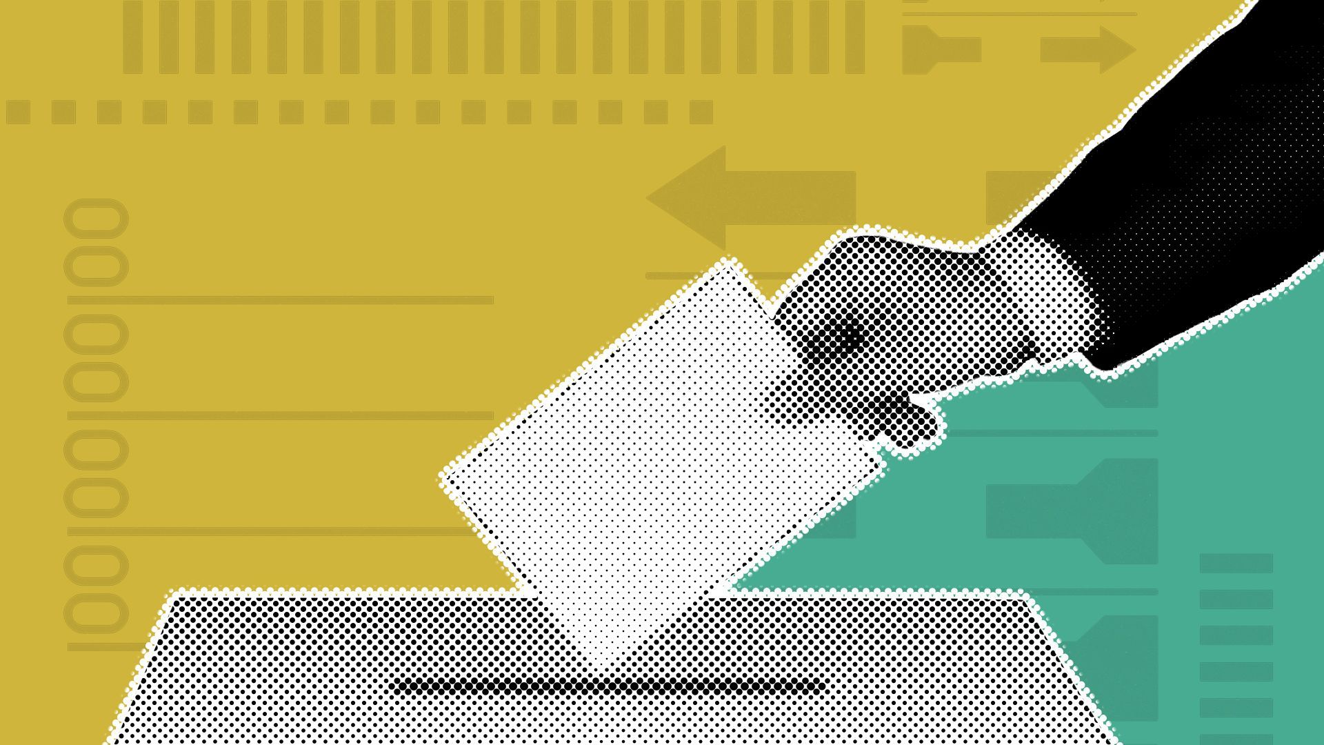 Illustration of a hand placing a ballot in a box. 