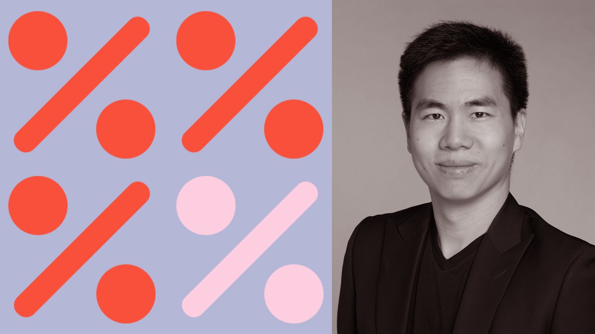 Photo illustration of Nelson Chu with a pattern of the Percent logo.