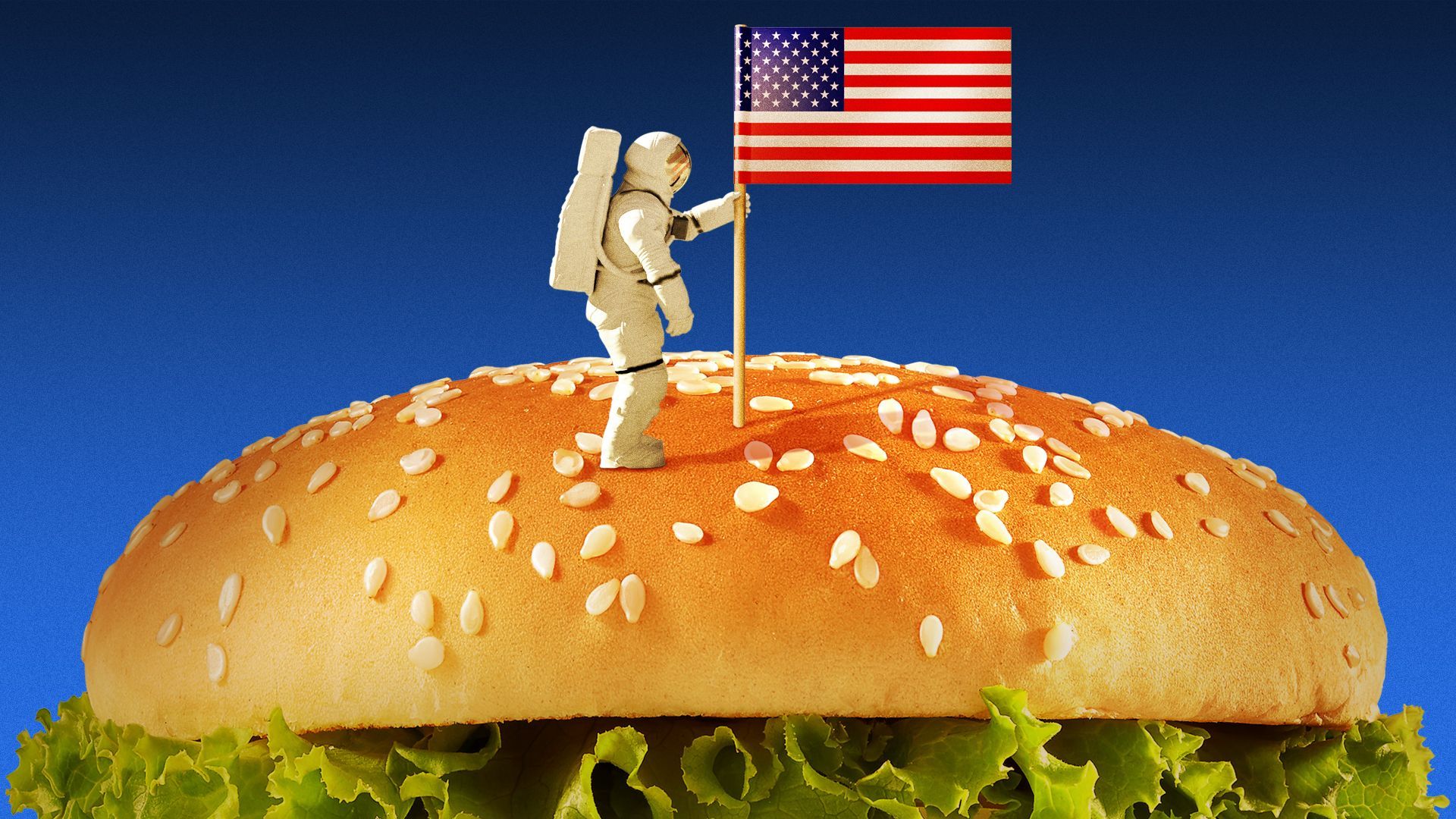 Illustration of an astronaut planting a US flag into a sandwich.