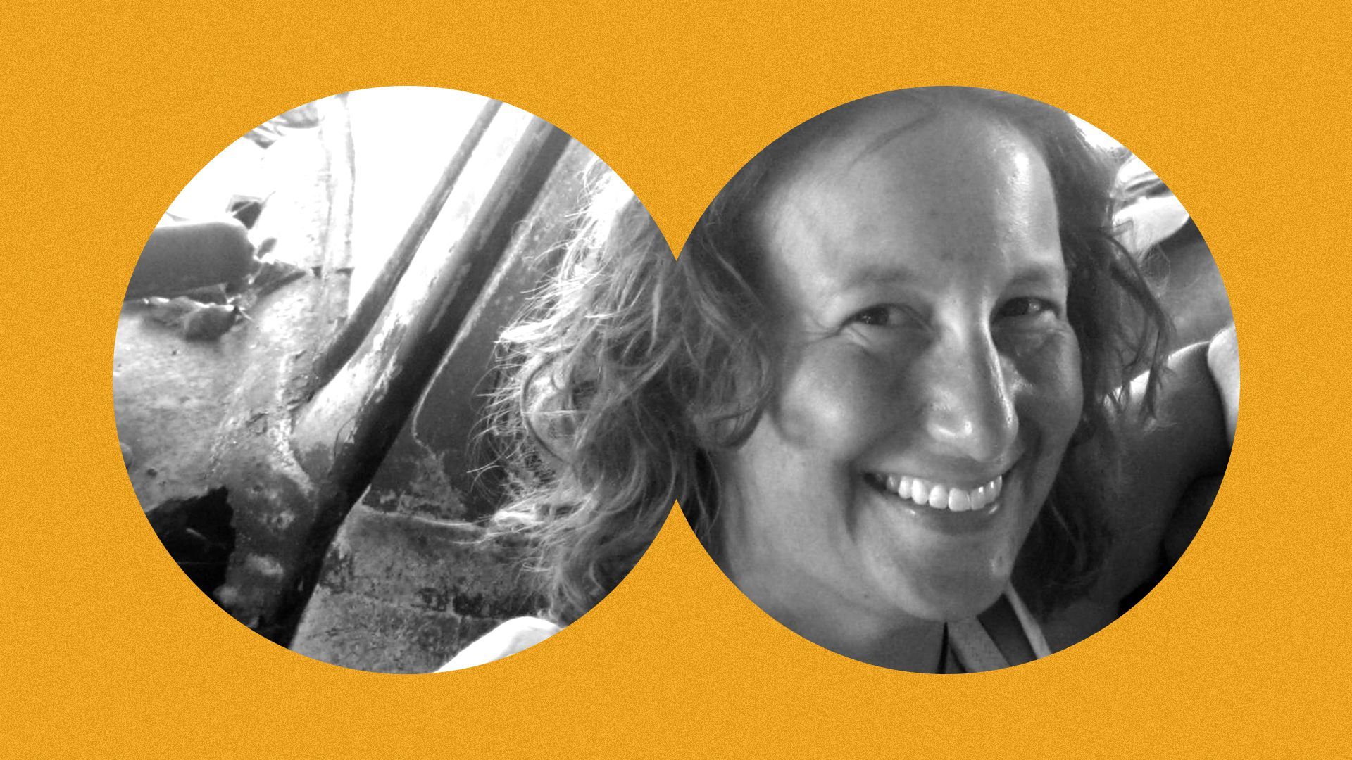 Photo illustration of a binocular view with Cathy Salustri in it.