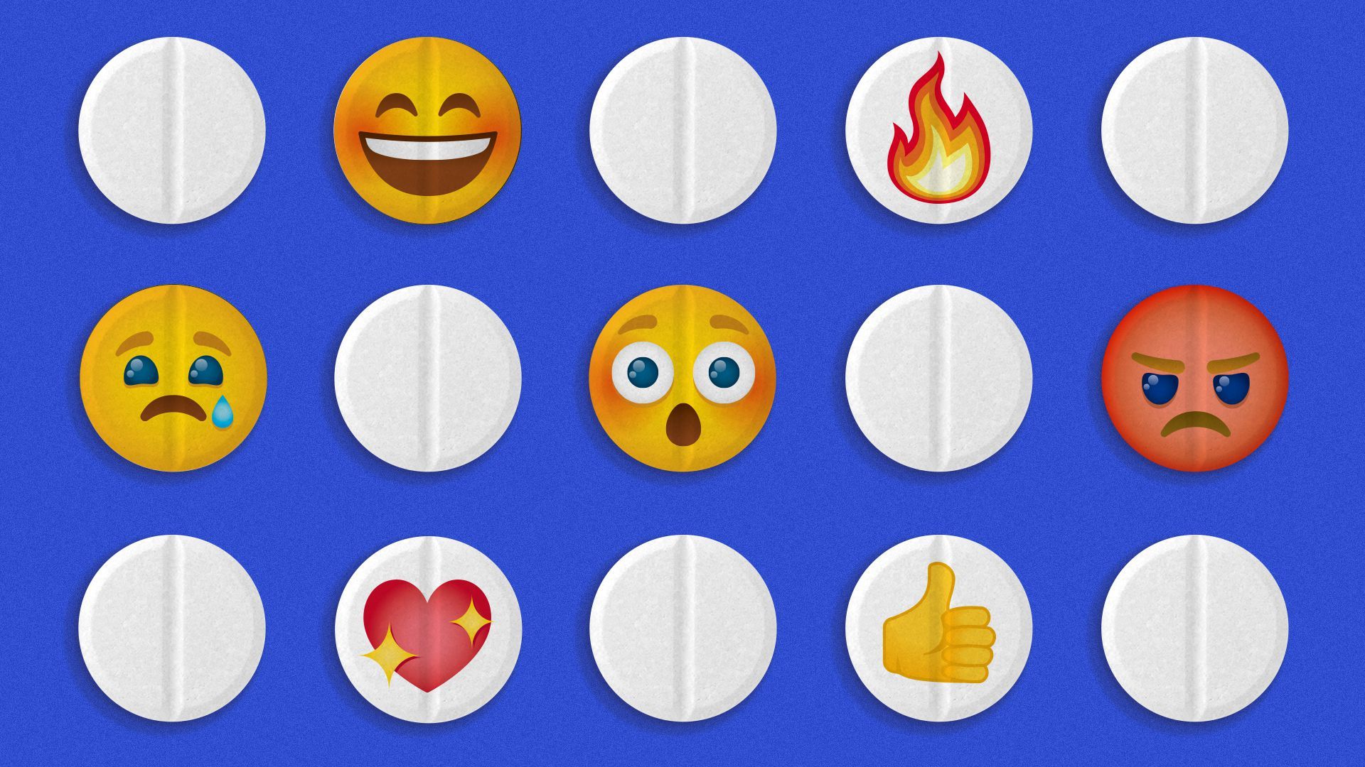 Illustration of rows of pills, some with emoji reactions.