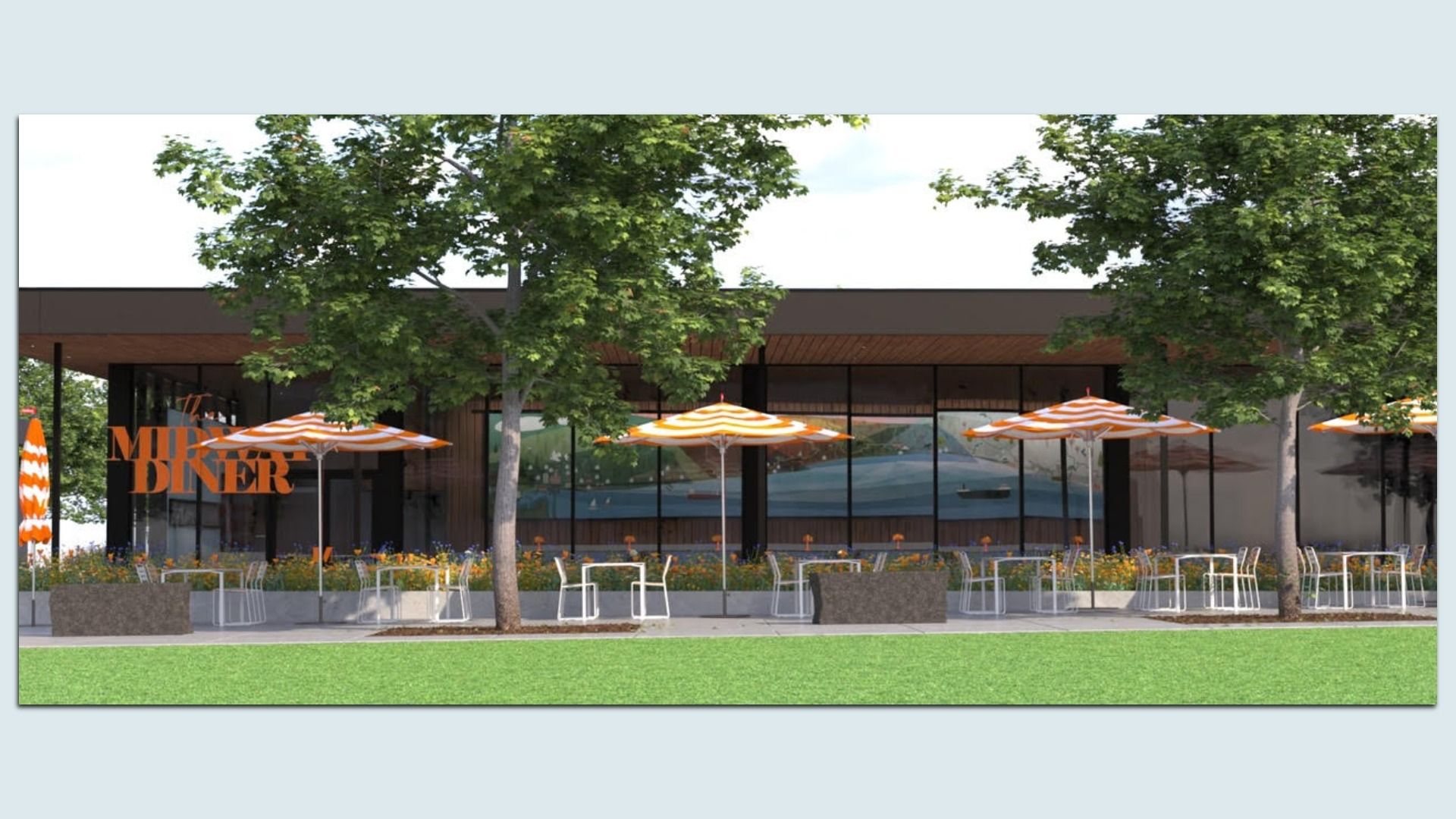A rendering of an outdoor patio of a restaurant called "The Midway Diner" with orange and white striped umbrellas, metal tables and chairs, surrounded by trees and green lawn.