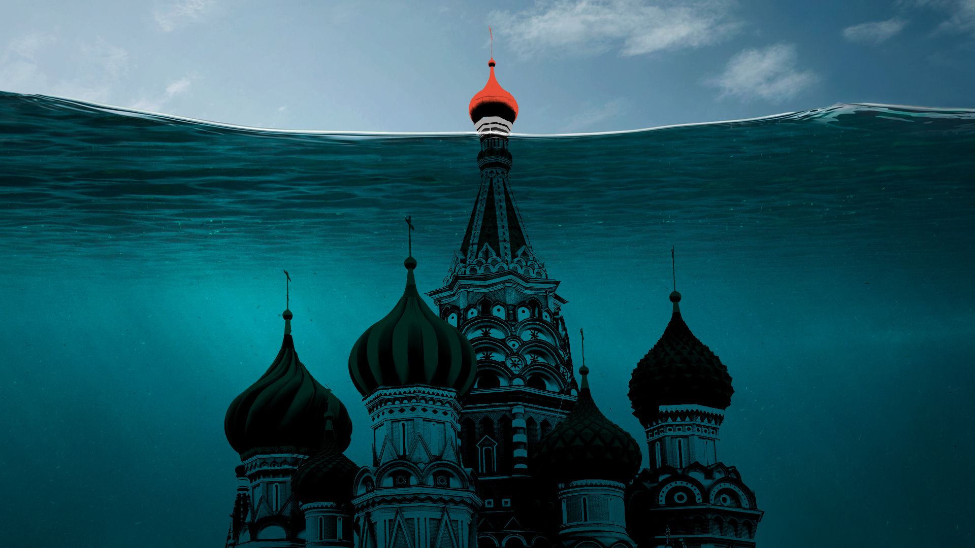 The tip of a Kremlin palace is visible, but the rest is underwater