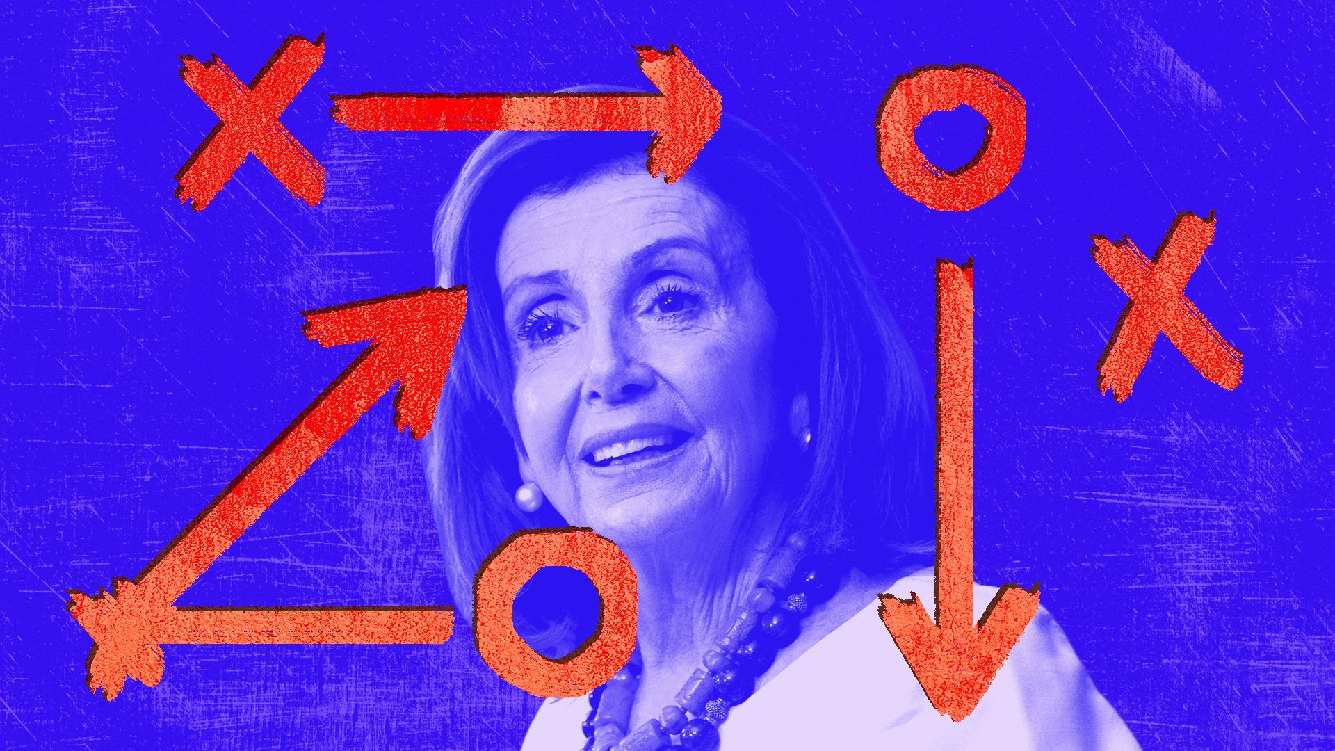 Photo illustration of Nancy Pelosi's photo surrounded by sports game strategy x's and arrows