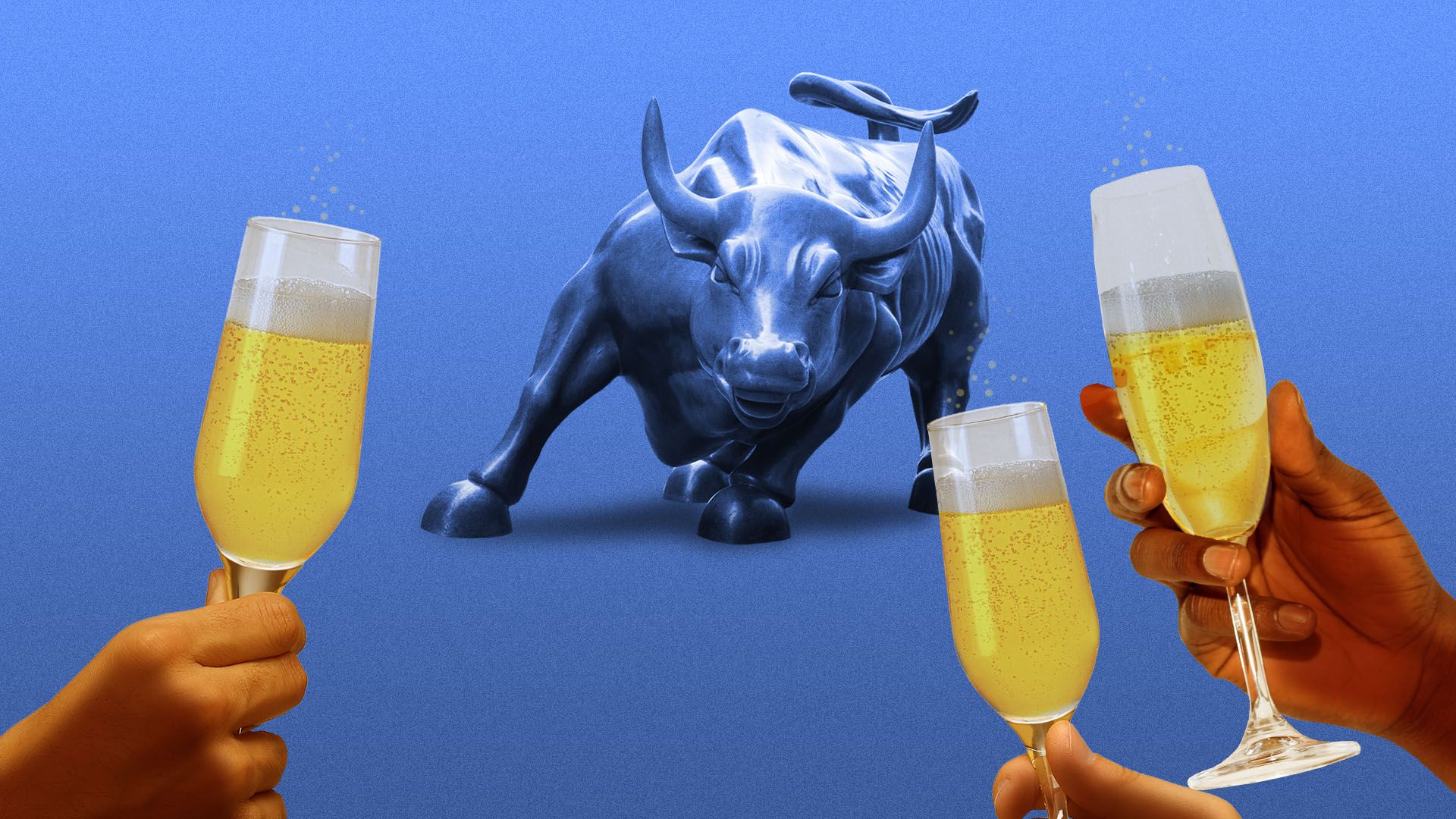 Illustration of three people toasting the Wall Street bull statue