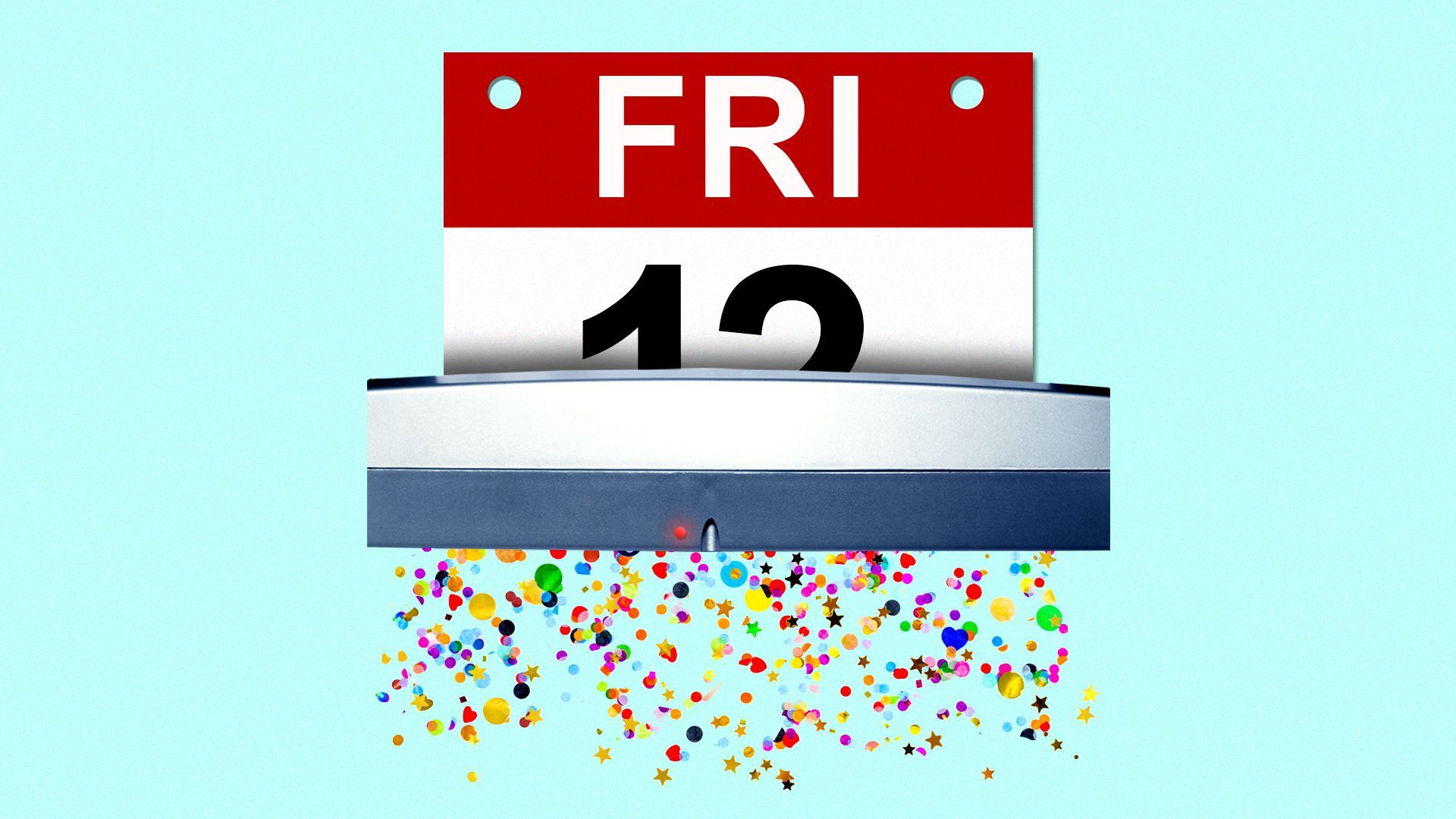 Illustration of a Friday page from a daily calendar being shredded into glitter and confetti.
