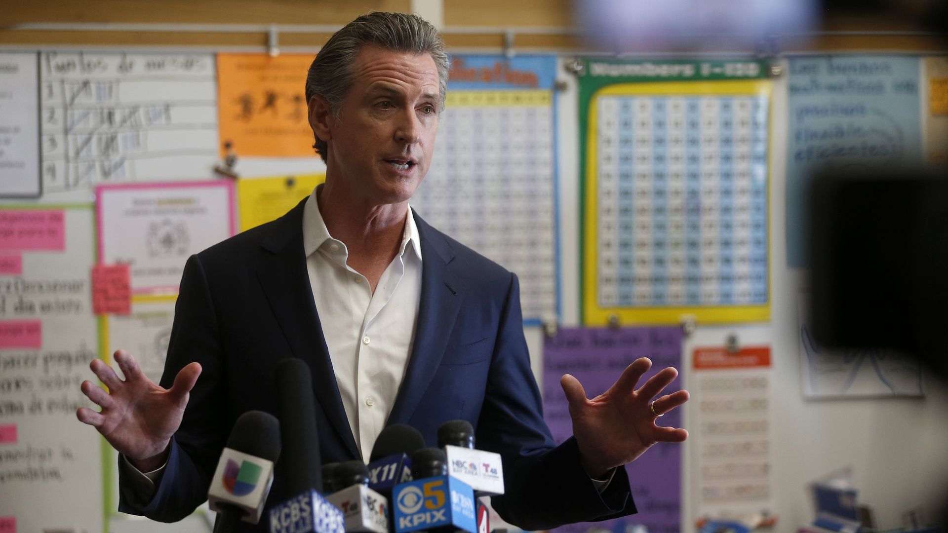 Gov. Gavin Newsom speaks to the press while visiting Melrose Leadership Academy in Oakland, Calif., on Wednesday, Sept. 15