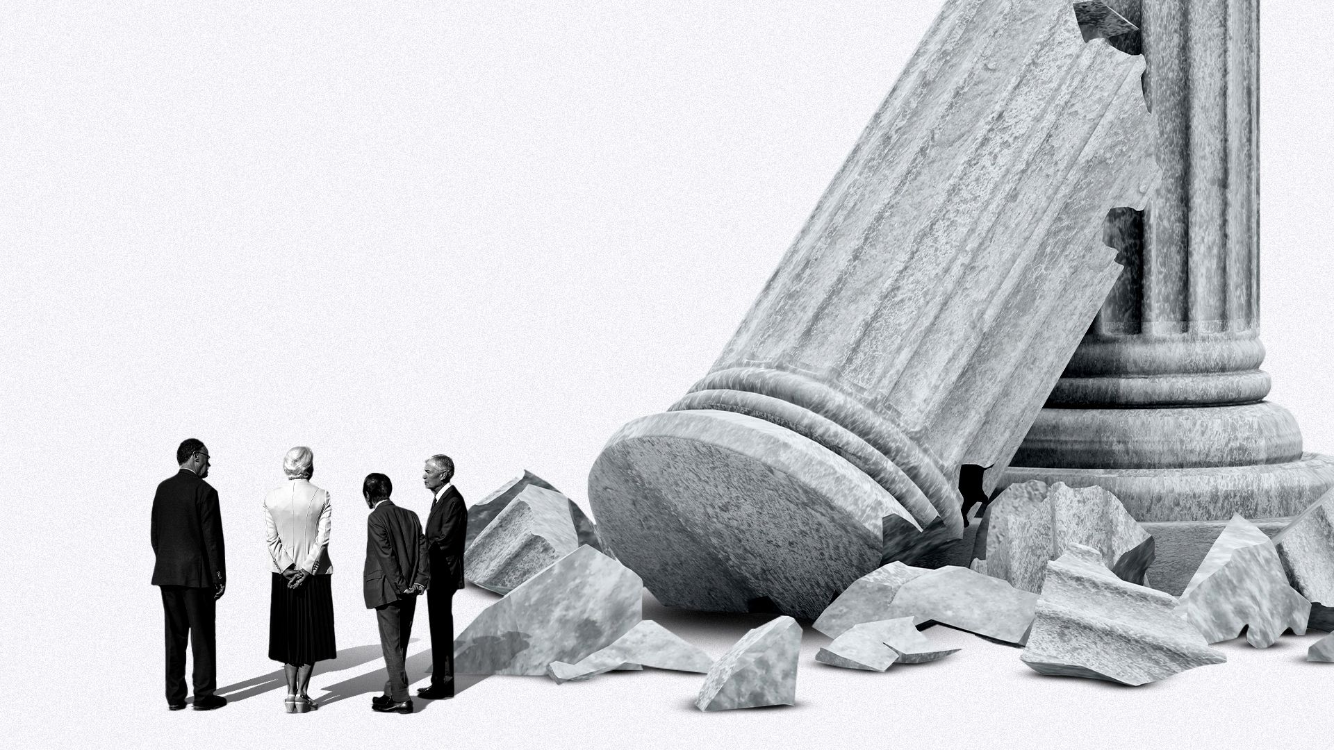 Photo illustration of Jerome Powell, Kazuo Ueda, Christine Lagarde, and Andrew Bailey standing underneath a giant destroyed column.