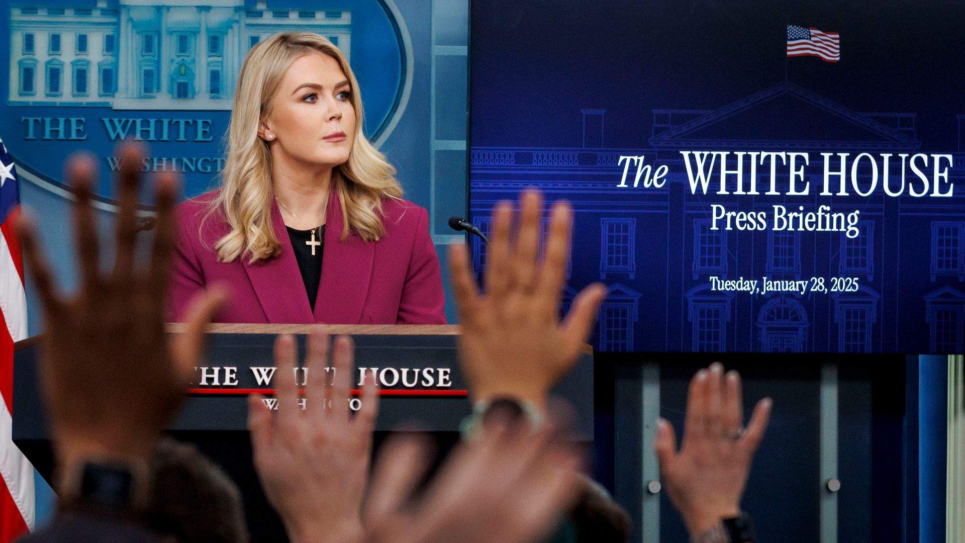Karoline Leavitt, White House press secretary, during a news conference in the James S. Brady Press Briefing Room of the White House in Washington, DC, US, on Tuesday, Jan. 28, 2025.