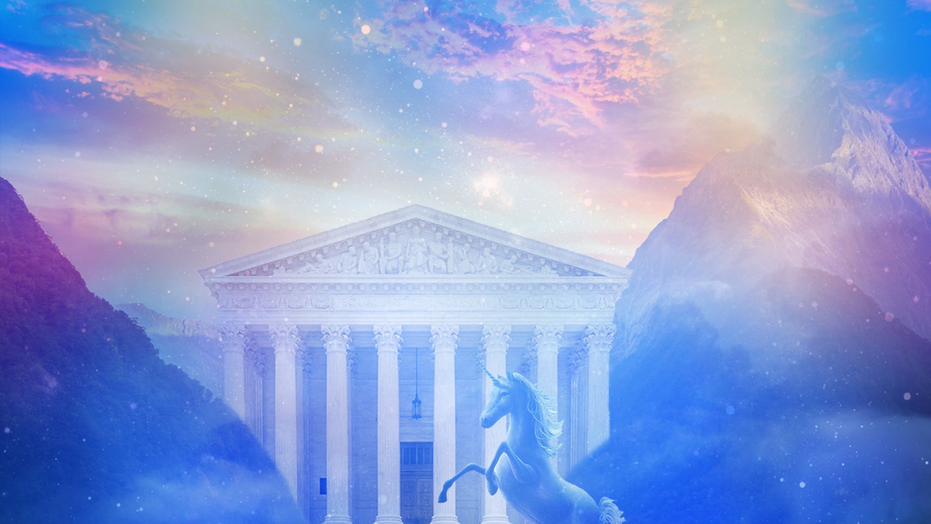 An illustration of the Supreme Court surrounded by pink and purple clouds with a unicorn in front of it 