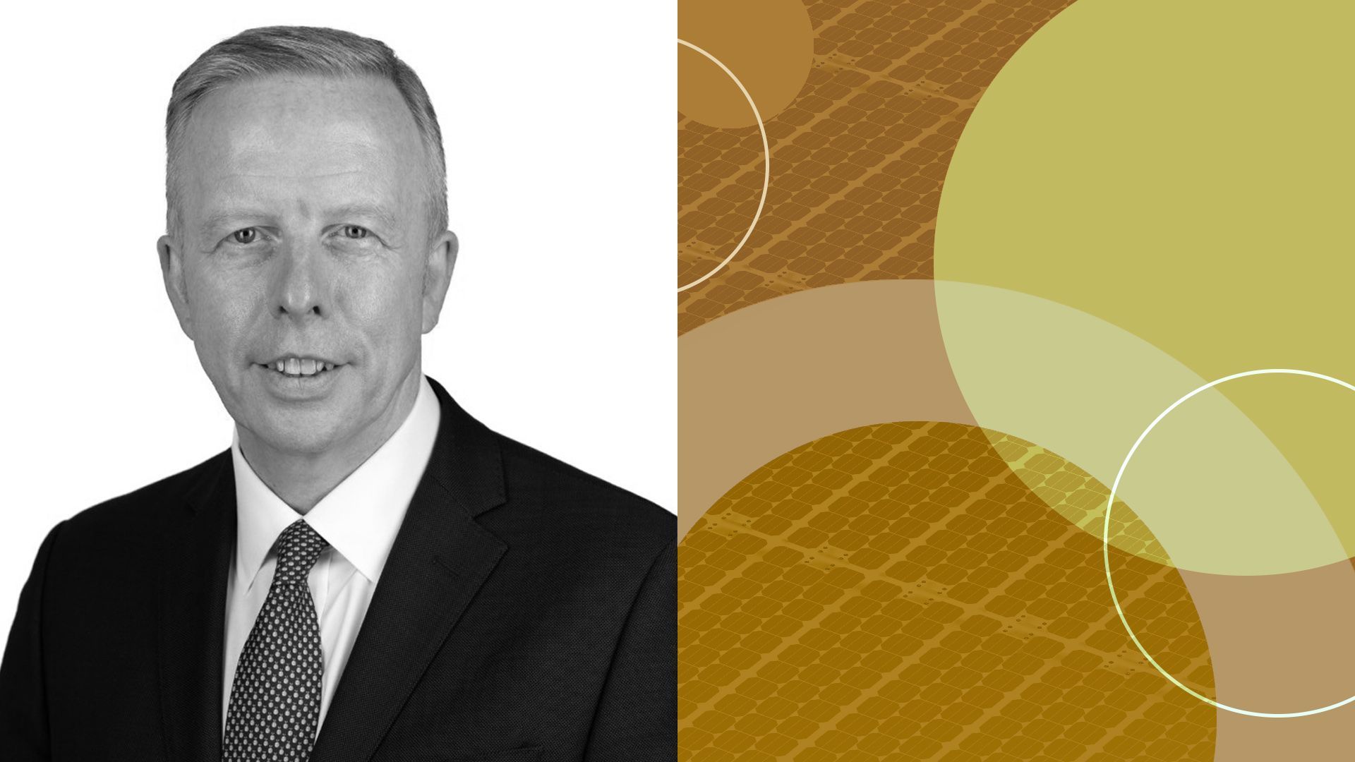 photo illustration of Just Climate chief investment officer Shaun Kingsbury surrounded by circles and solar panel overlay