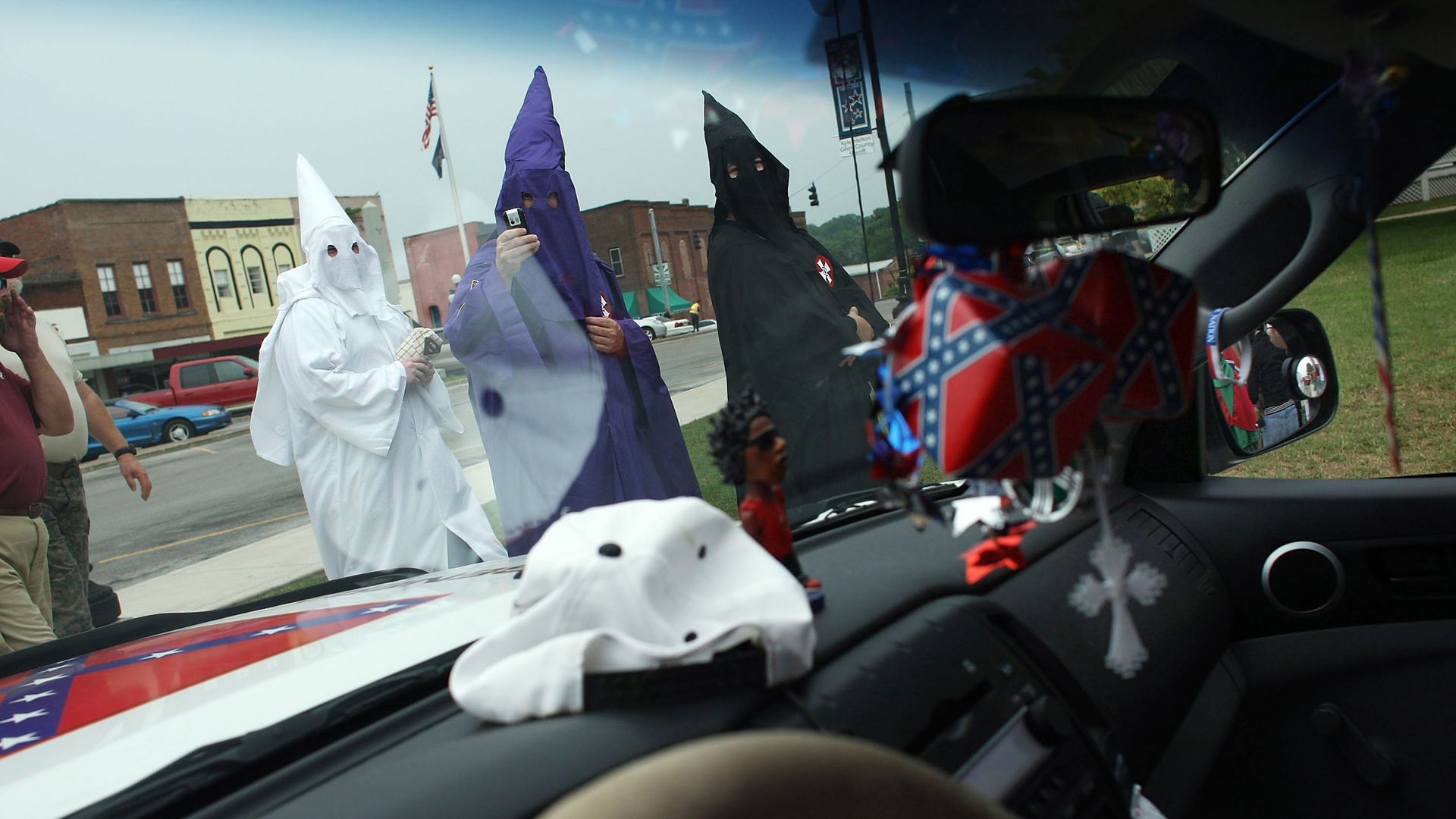 Members of the Fraternal White Knights of the Ku Klux Klan participate in the 11th Annual Nathan Bedford Forrest Birthday march July 11, 2009 in Pulaski, Tennessee. 