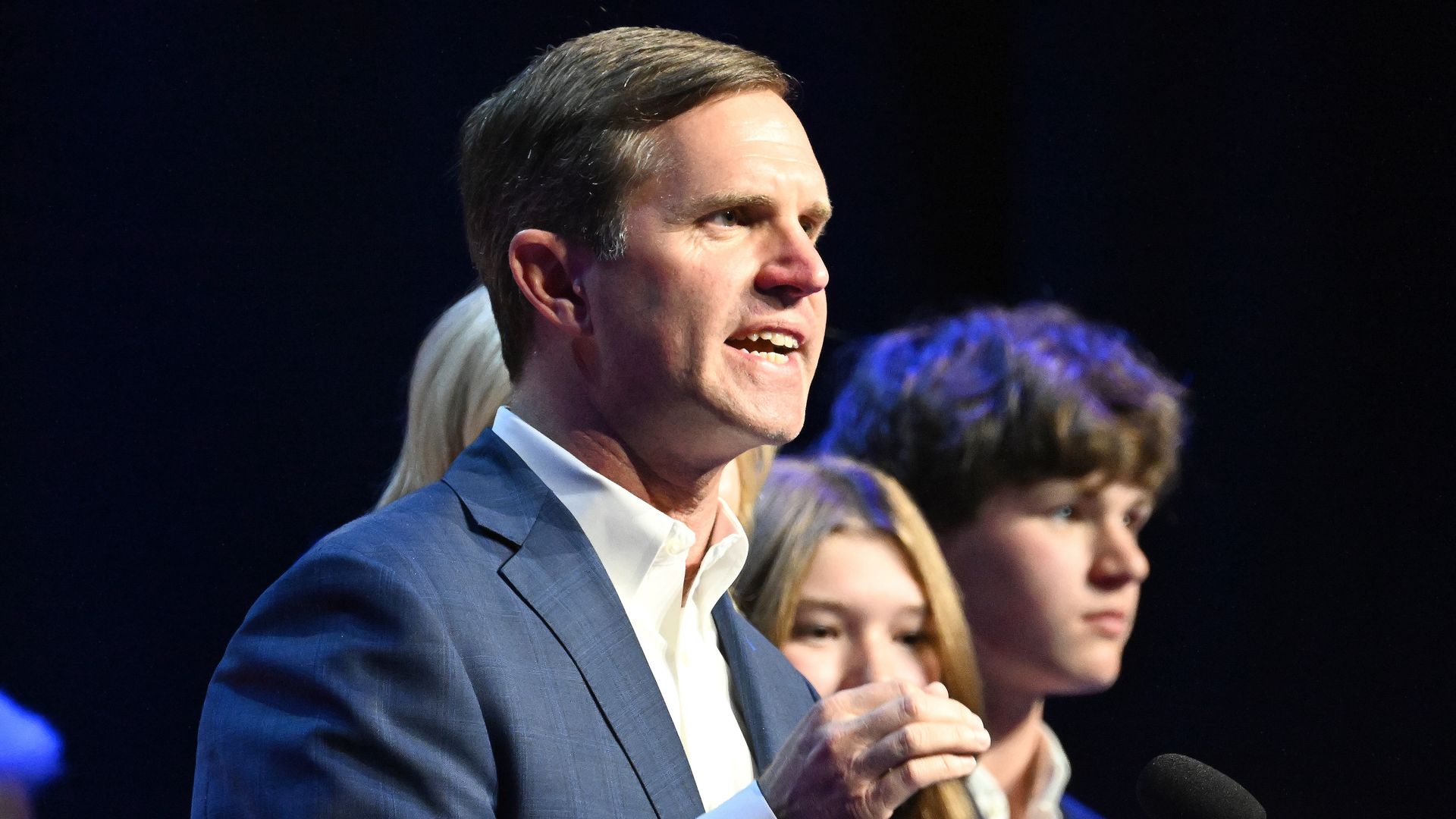 Kentucky incumbent Democratic Gov. Andy Beshear delivers his victory speech to a crowd at an election night event at Old Forrester's Paristown Hall 