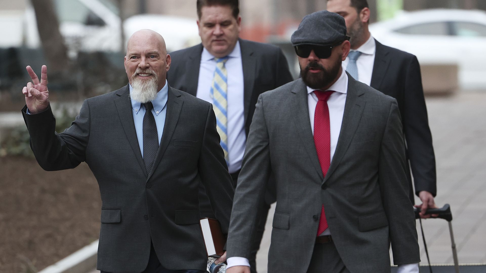 Richard 'Bigo' Barnett (L) arrives at the E. Barrett Prettyman United States Courthouse for jury selection in his trial on January 10, 2023 in Washington, DC.