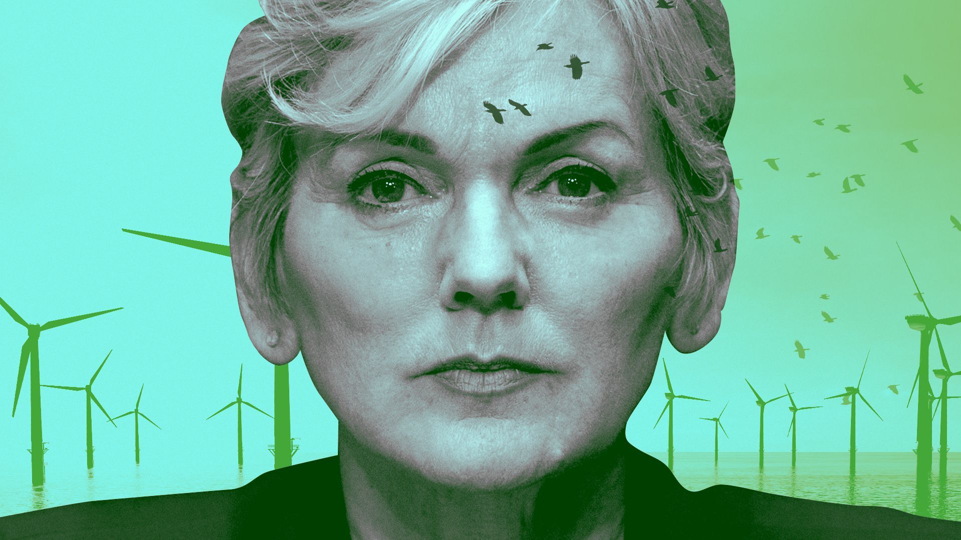 Photo illustration of Jennifer Granholm and wind turbines.