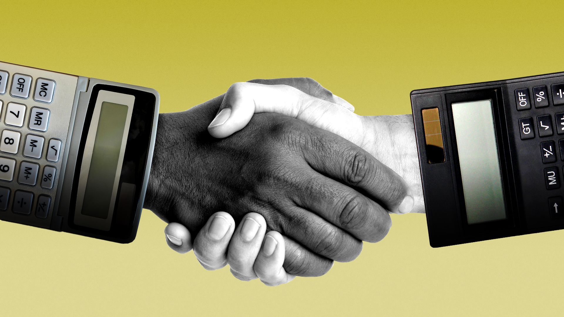 Illustration of two hands shaking with sleeves made from calculators.