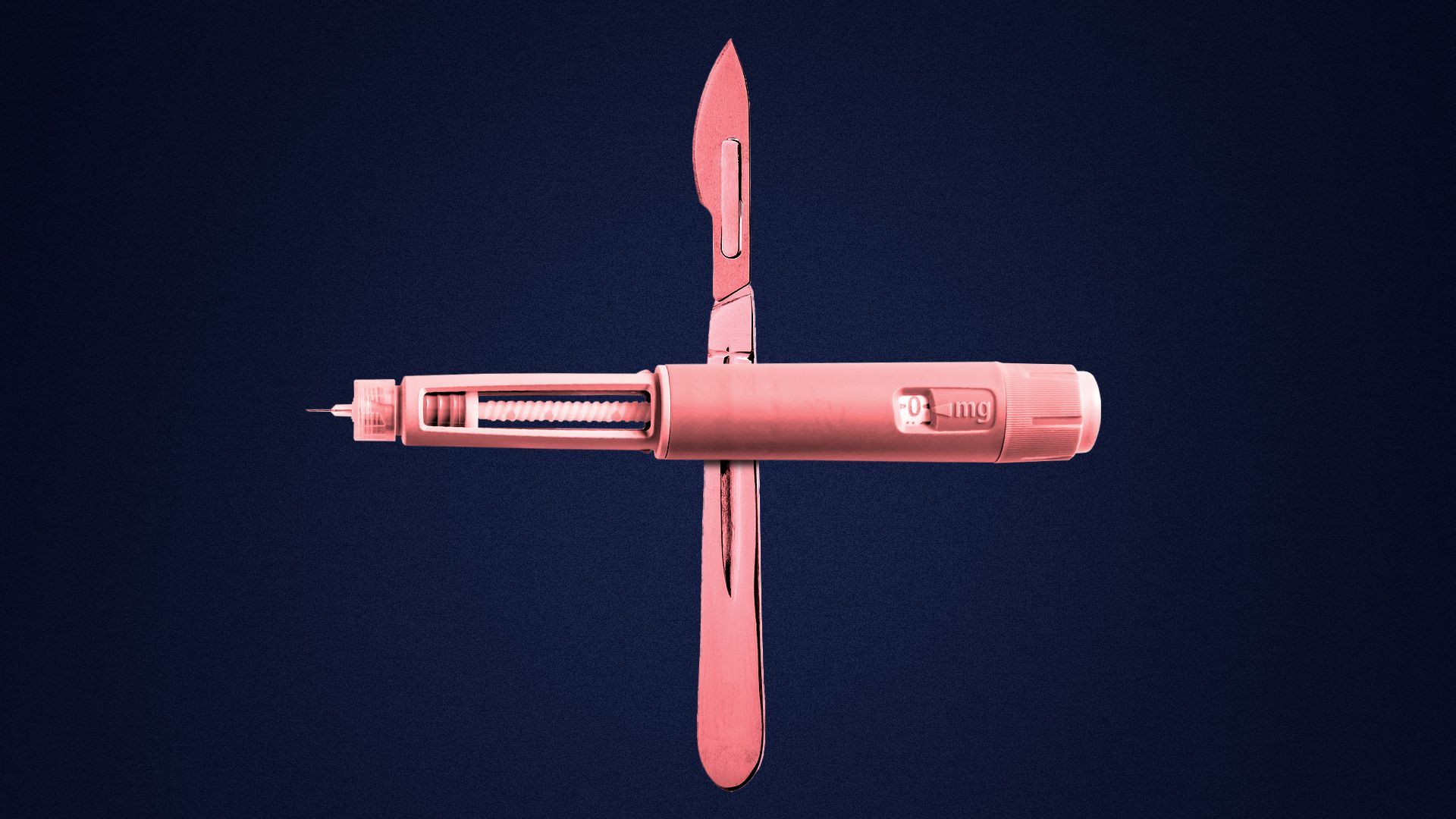 Illustration of a surgical scalpel and an injection syringe for medicine crossed to make a plus sign. 
