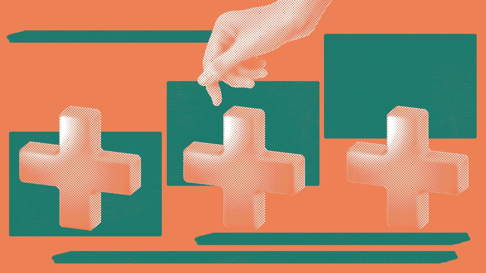 Illustration collage of a hand hovering over three identical medical crosses and numerous geometric shapes