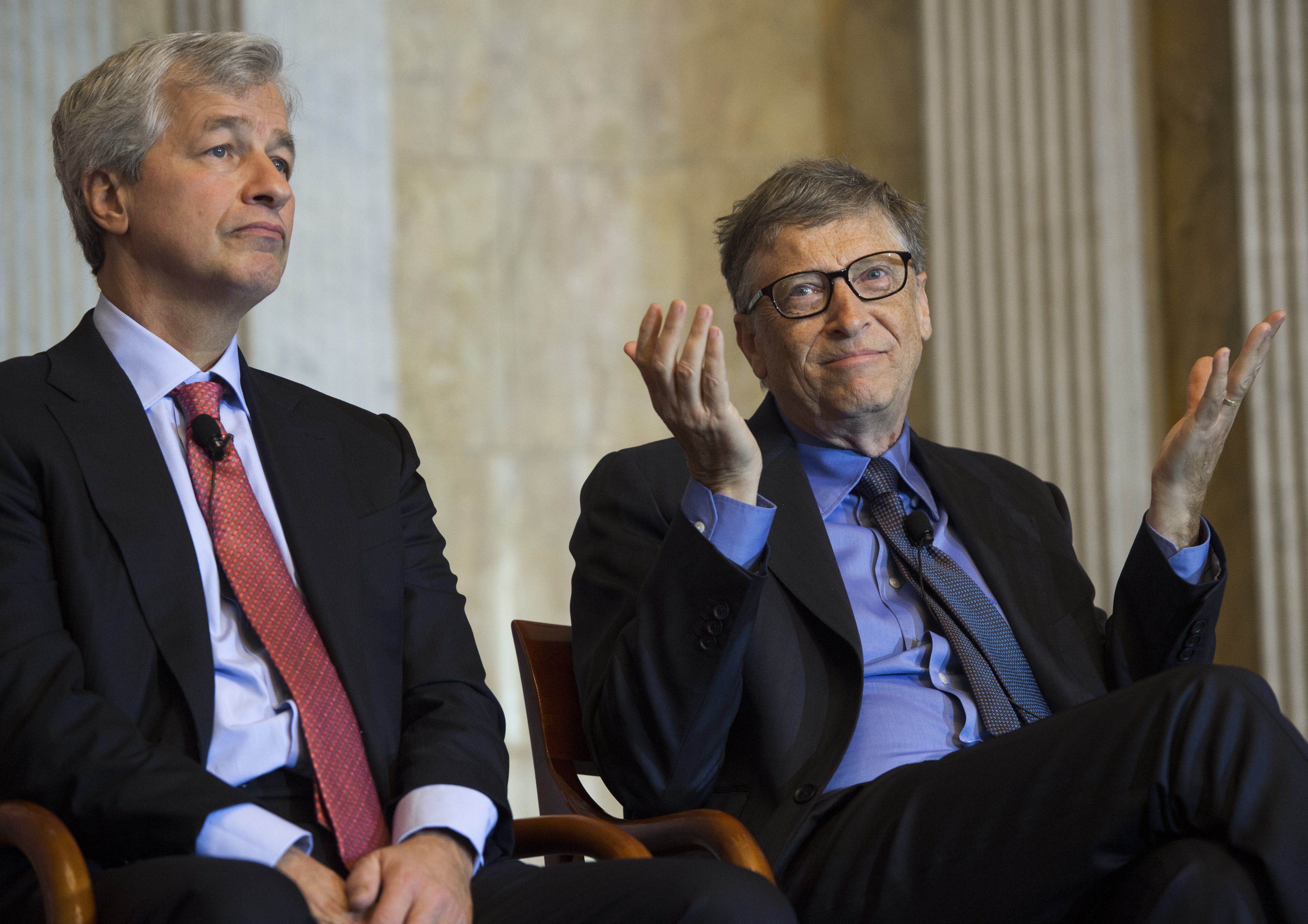 Jamie Dimon, JPMorgan Chase CEO, and Bill Gates at a 2015 Treasury Department event in D.C.