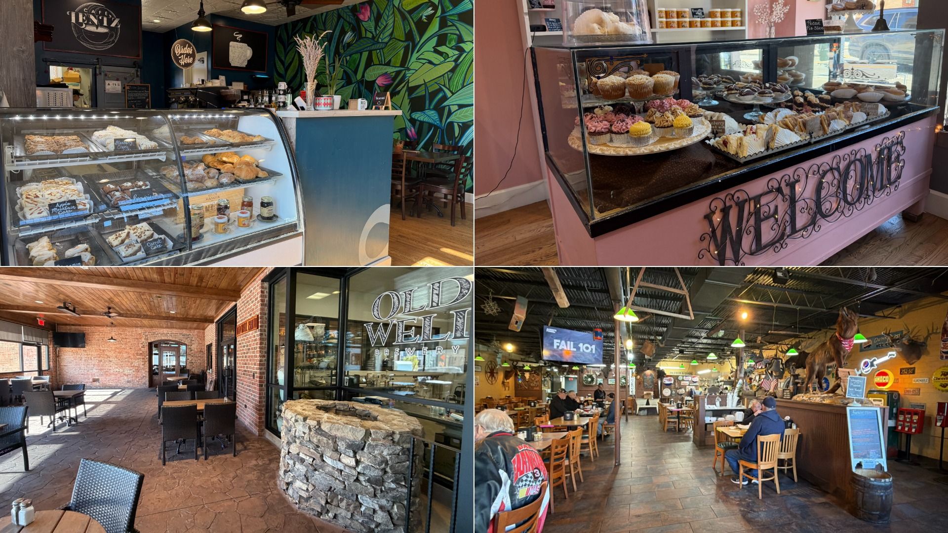 Collage of four images showing bakery displays with pastries and cupcakes, a cafe counter with plant mural, a rustic patio with tables and wicker chairs, and a casual restaurant interior with wooden chairs and decor.