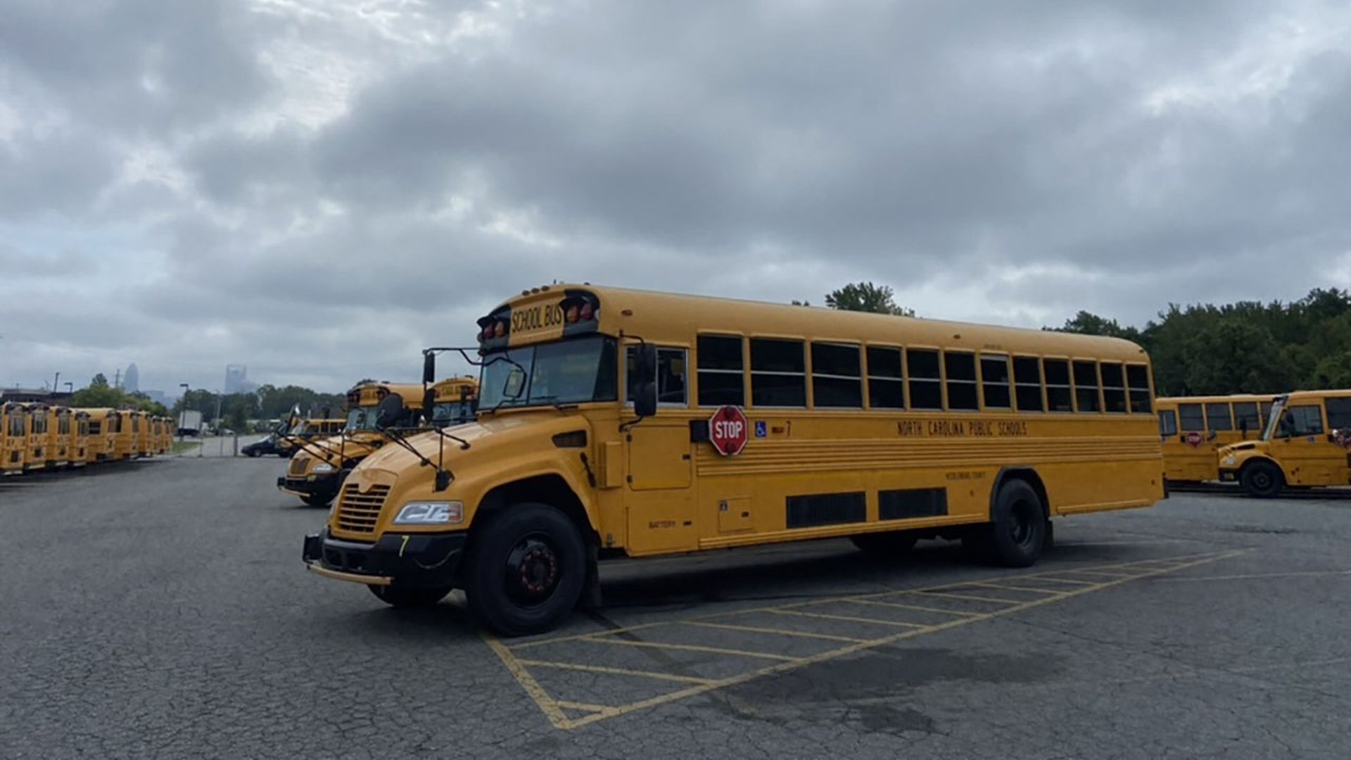 Parked buses.