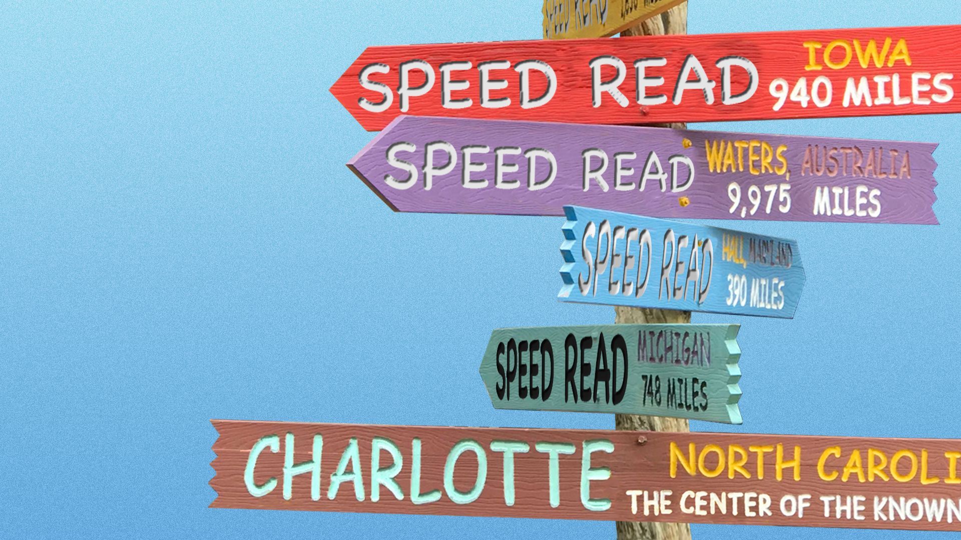 Illustration of Charlotte's Center of the World sign replaced with "Speed Read".