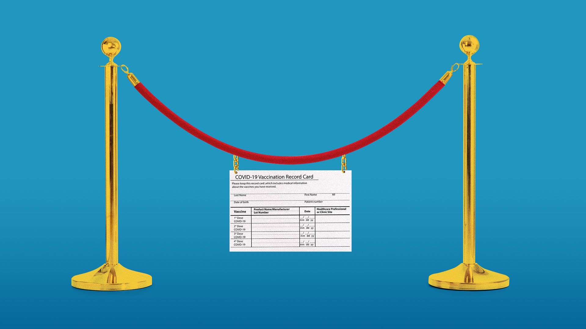 Illustration of a rope barrier with a vaccination card hanging from the rope section. 