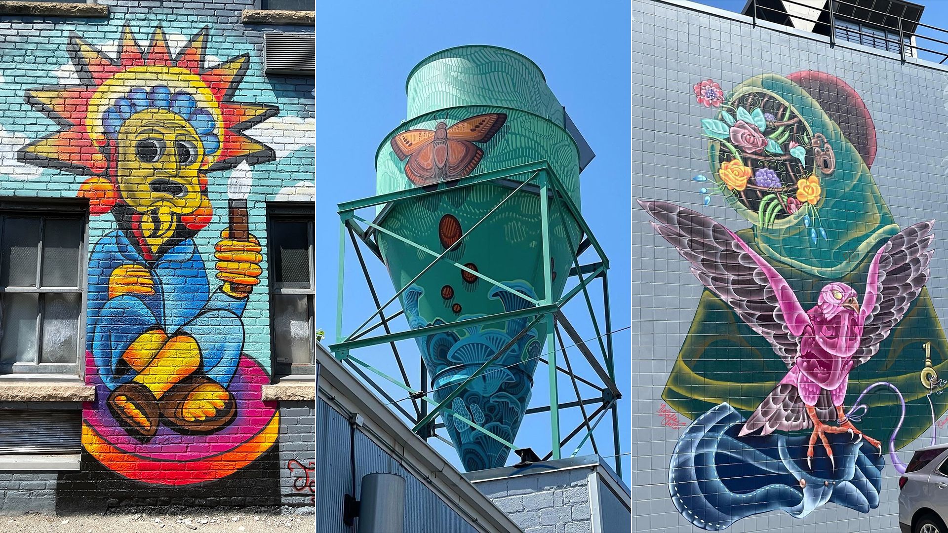 Murals on two streets and a smoke stack.