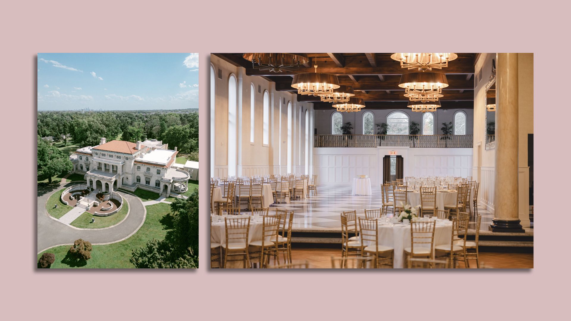 Aerial view of a large white historic mansion with terracotta roof surrounded by trees. Adjacent interior shows an elegant banquet hall with round tables, gold chairs, large chandeliers.