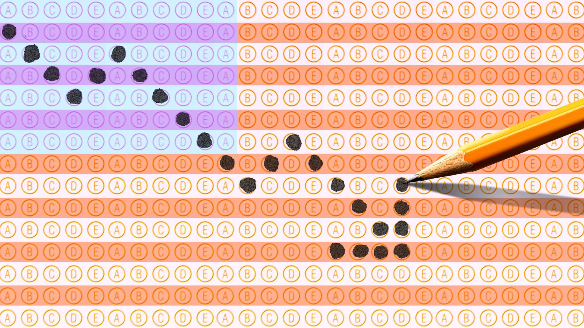 Illustration of a standardized test in the shape of the U.S. flag with a pencil drawing in a downward trend line