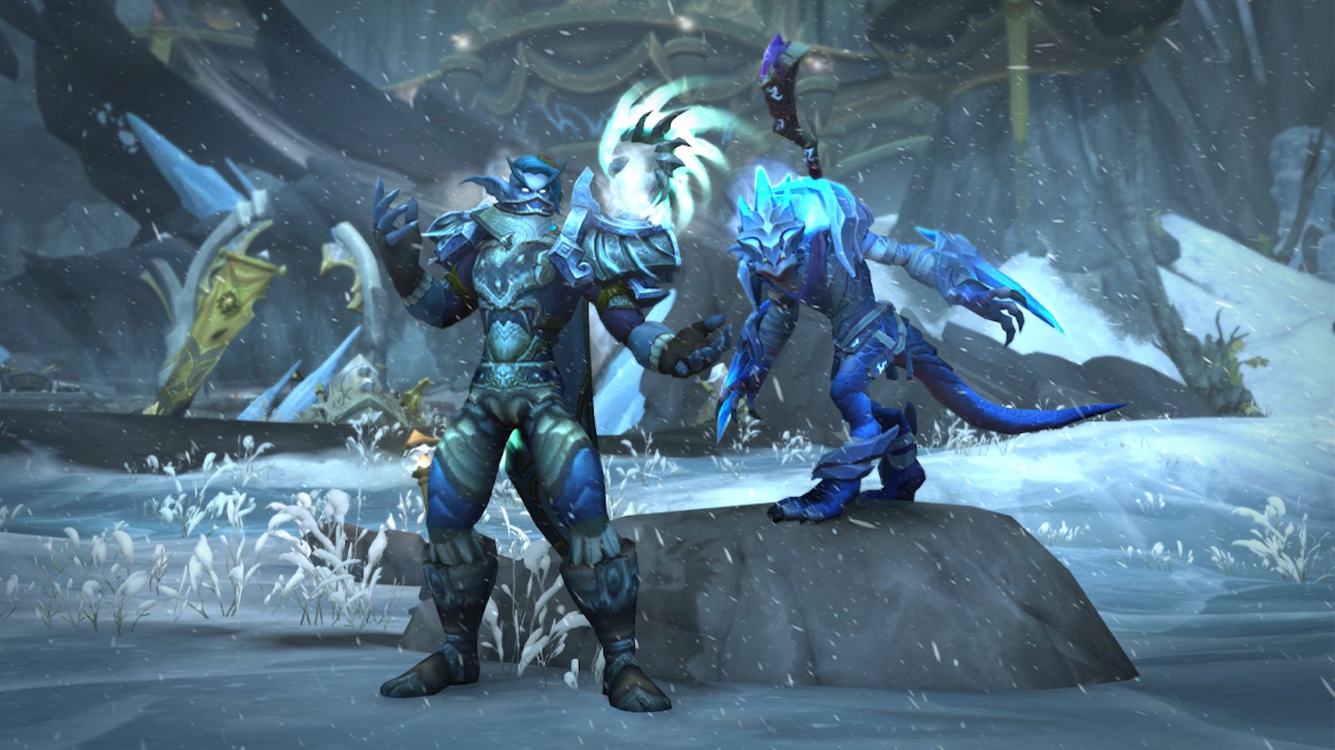 Video game screenshot of a  blue warrior and blue animal posing in front of snow-covered rocks