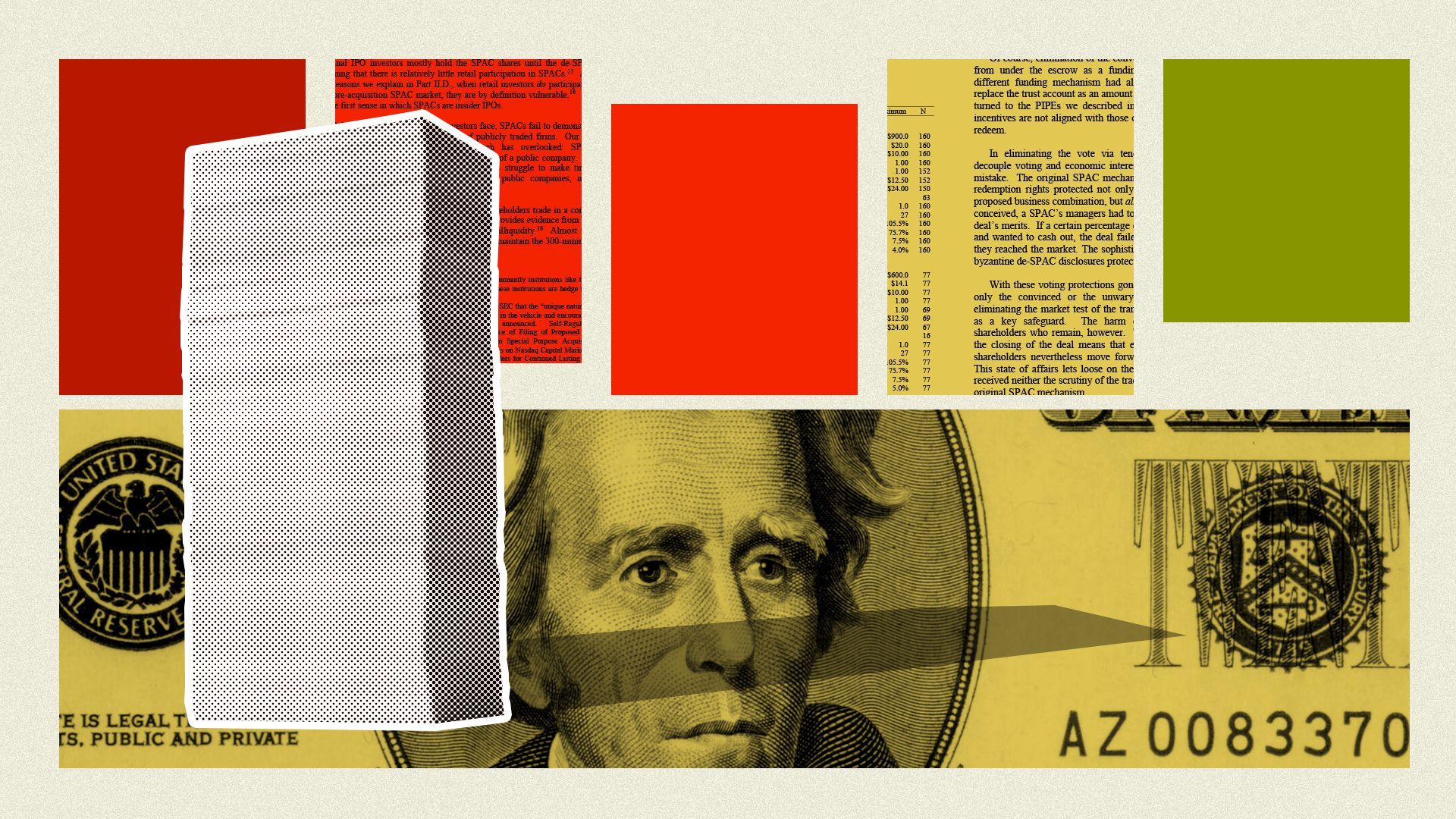 Illustration of a stack of paper and money. 
