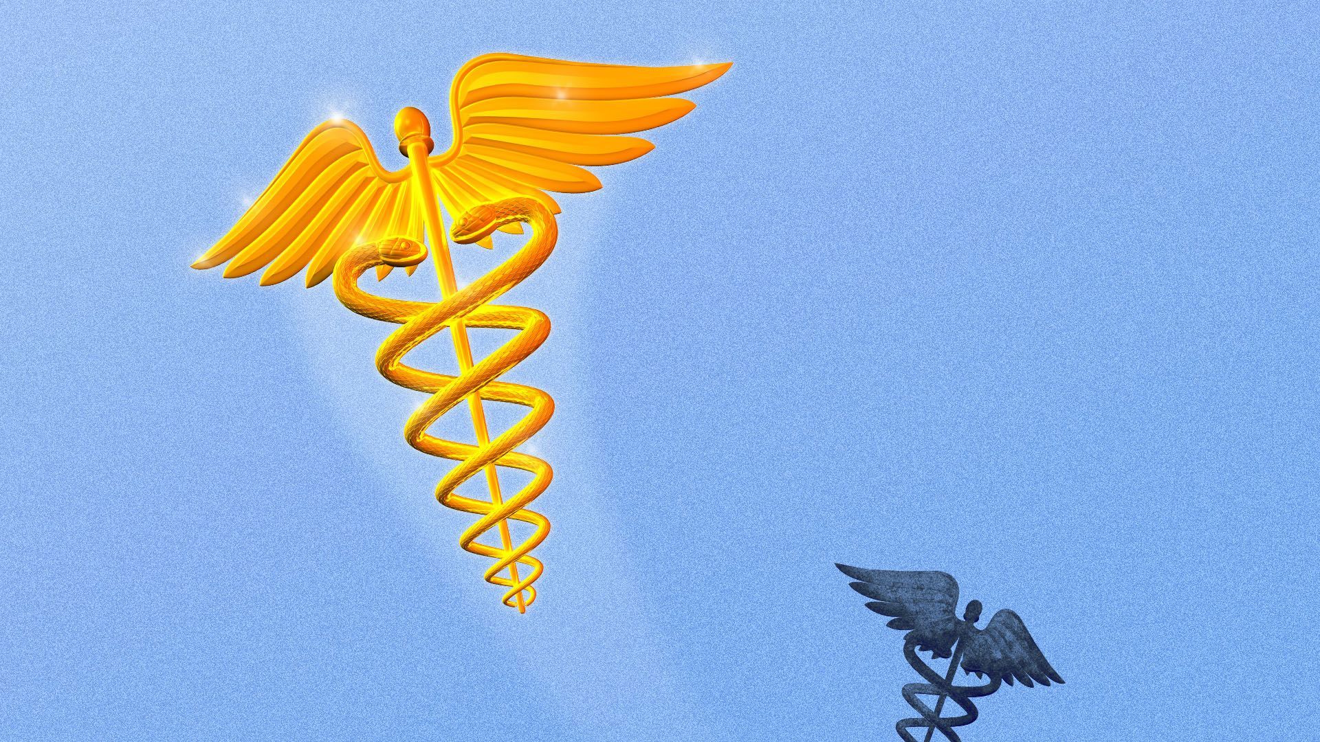 Illustration of a large golden caduceus beside a tiny stone caduceus