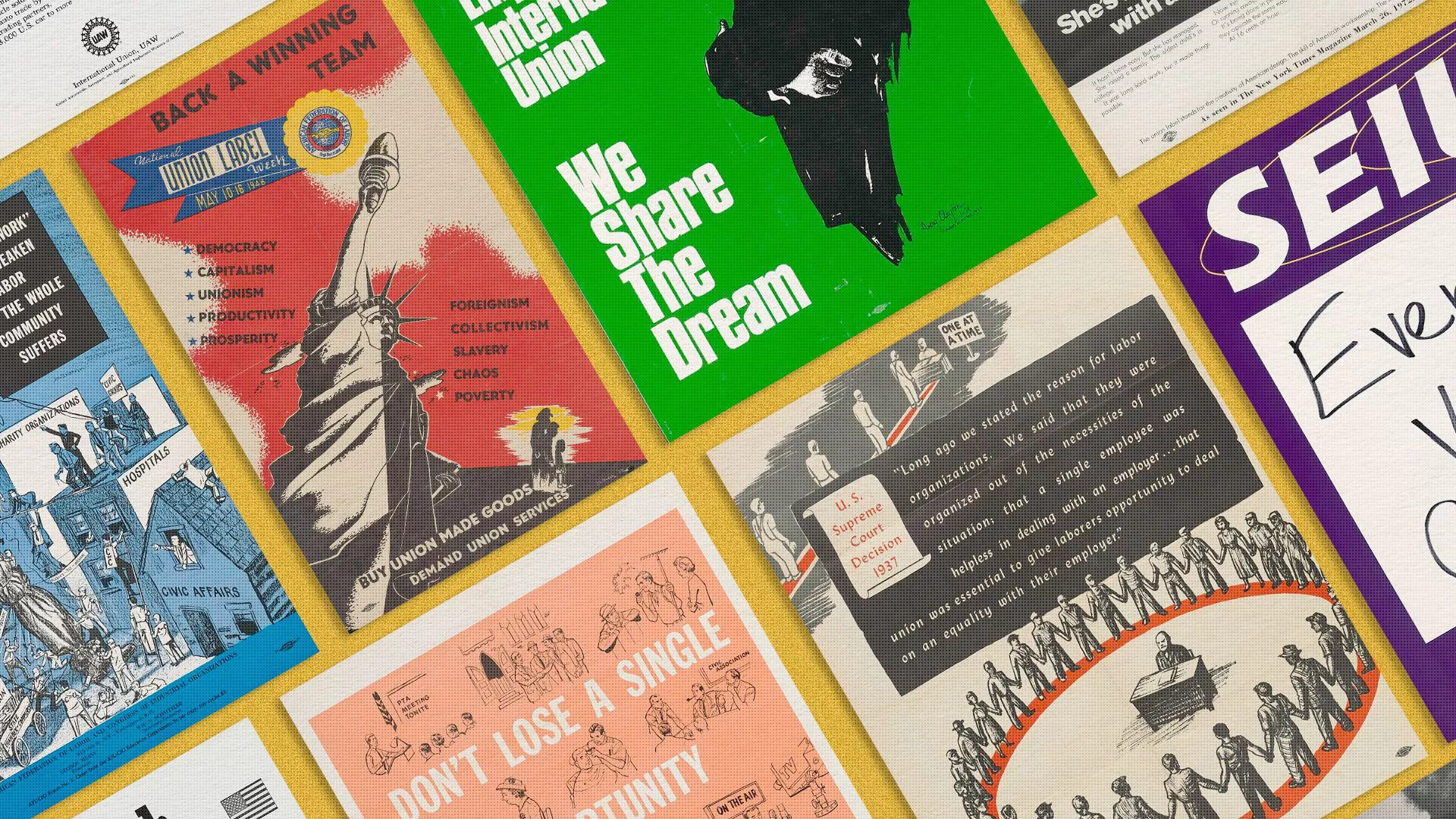 Collage of labor movement posters.