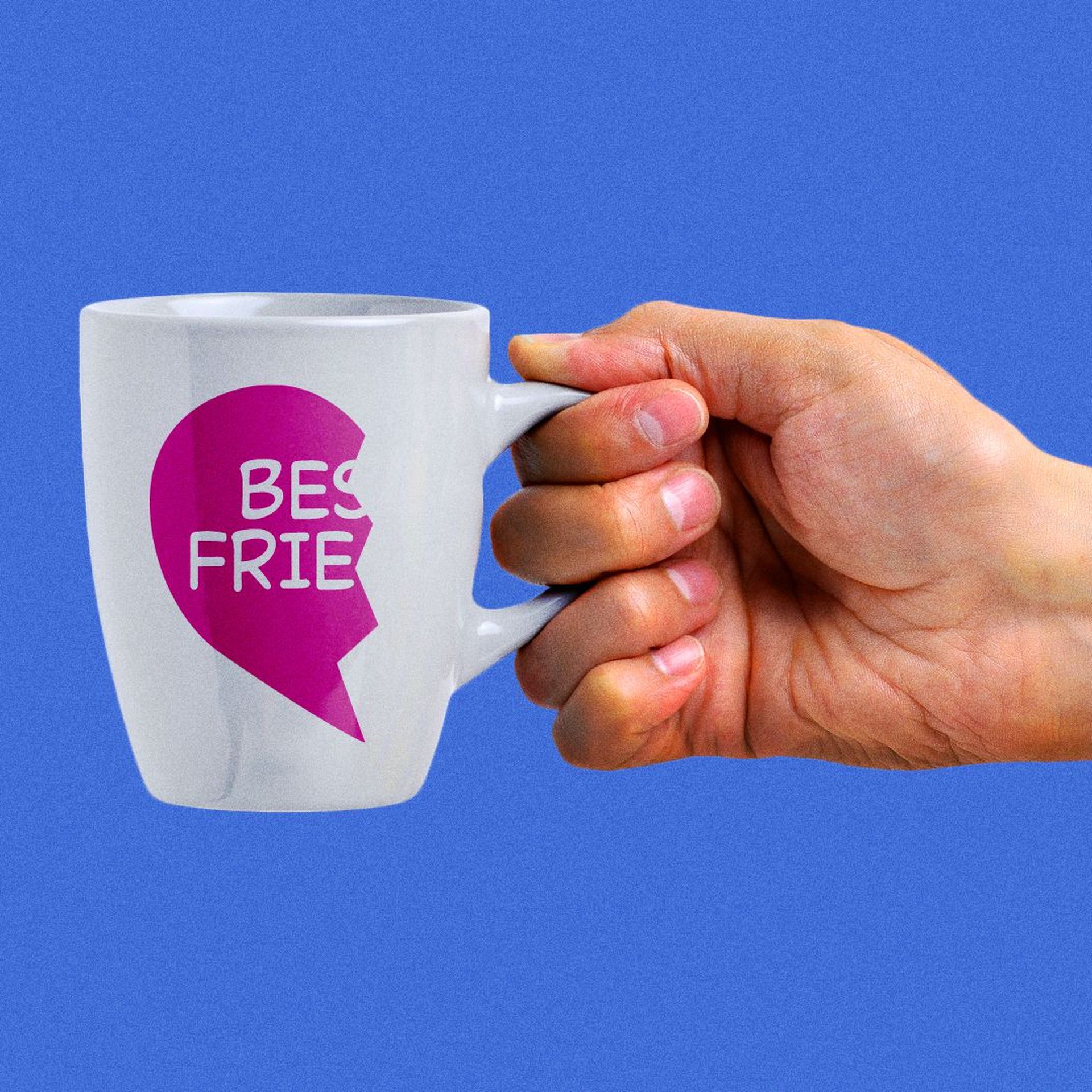 Illustration of one person holding a mug that has half of one "Best Friends" heart on it. 