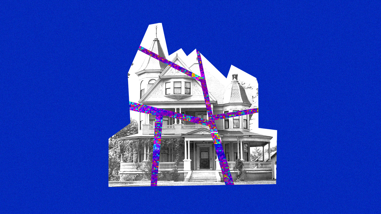 A black and white photo of a house broken apart by pixelated static. 
