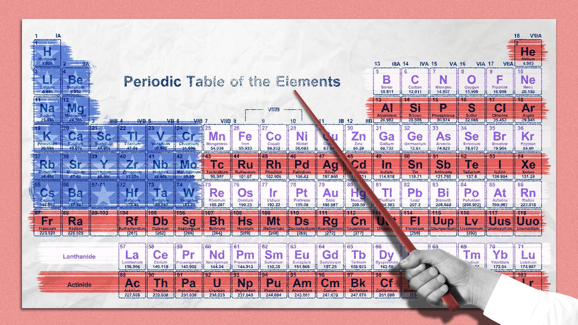 Illustration of a hand referencing a periodic table of elements as a U.S. map